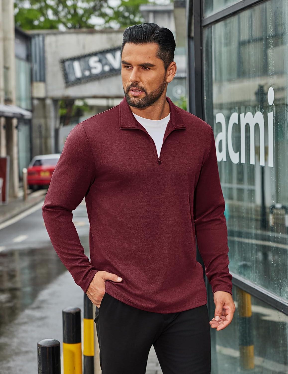 imageCOOFANDY Mens Quarter Zip Up Pullover Long Sleeve Sweatshirt Mock Neck Golf Polo SweaterWine Red
