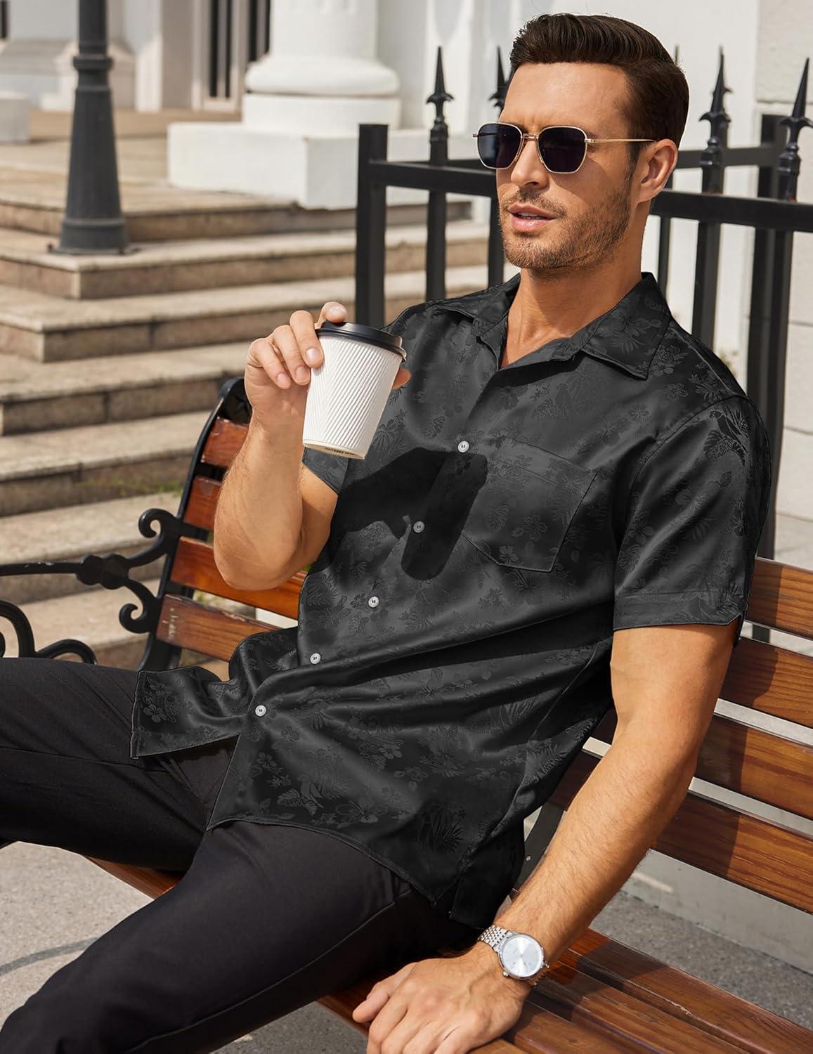 imageCOOFANDY Mens Silk Button Down Short Sleeve Shirt Satin Dress Shirts Summer Beach Wedding Shirt01 Black