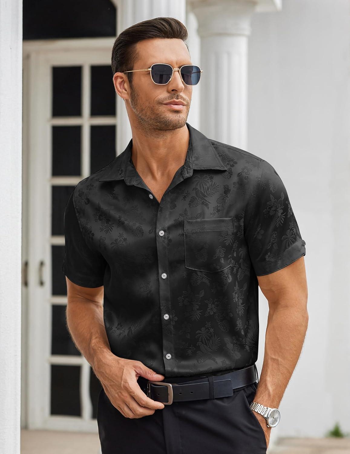 imageCOOFANDY Mens Silk Button Down Short Sleeve Shirt Satin Dress Shirts Summer Beach Wedding Shirt01 Black