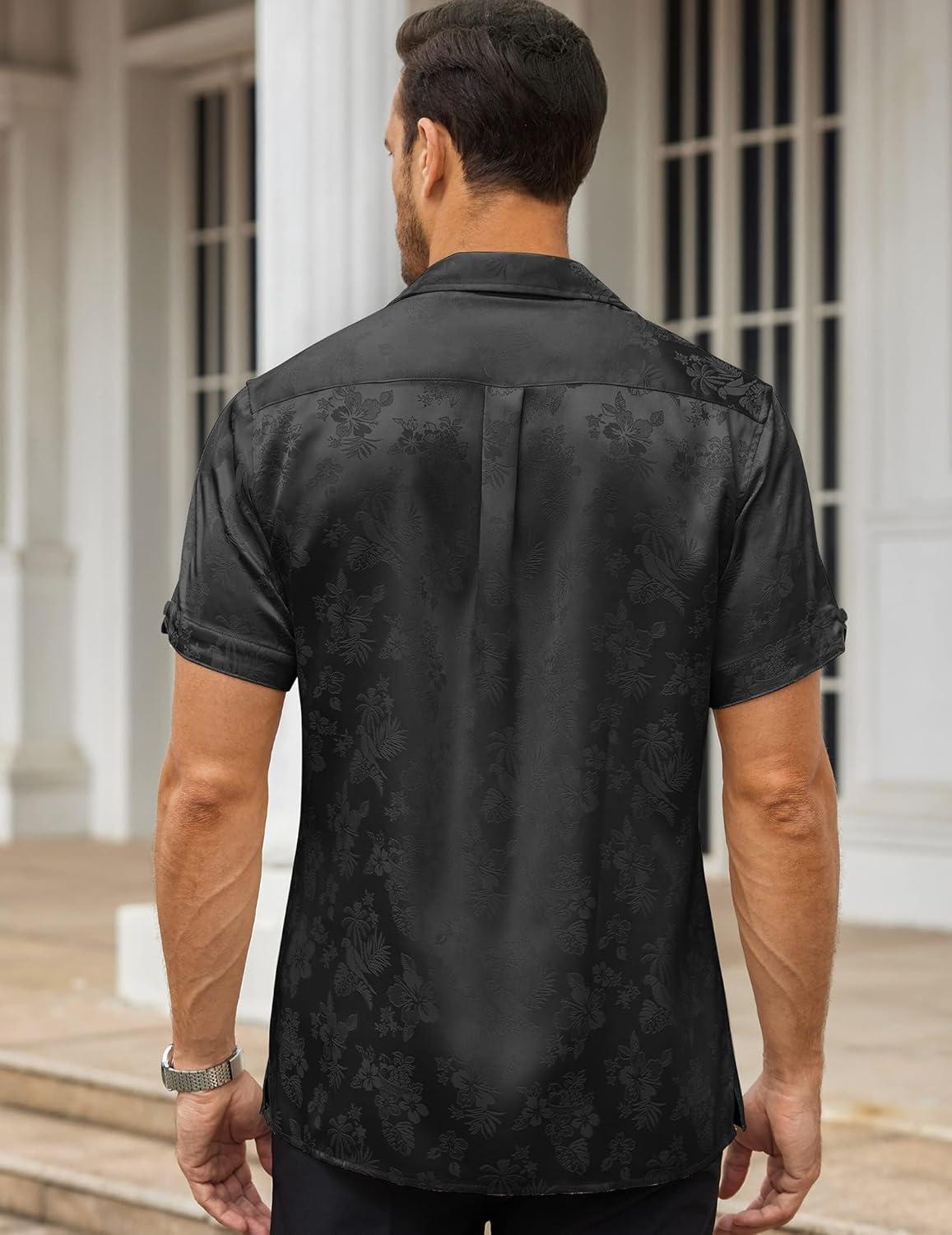 imageCOOFANDY Mens Silk Button Down Short Sleeve Shirt Satin Dress Shirts Summer Beach Wedding Shirt01 Black