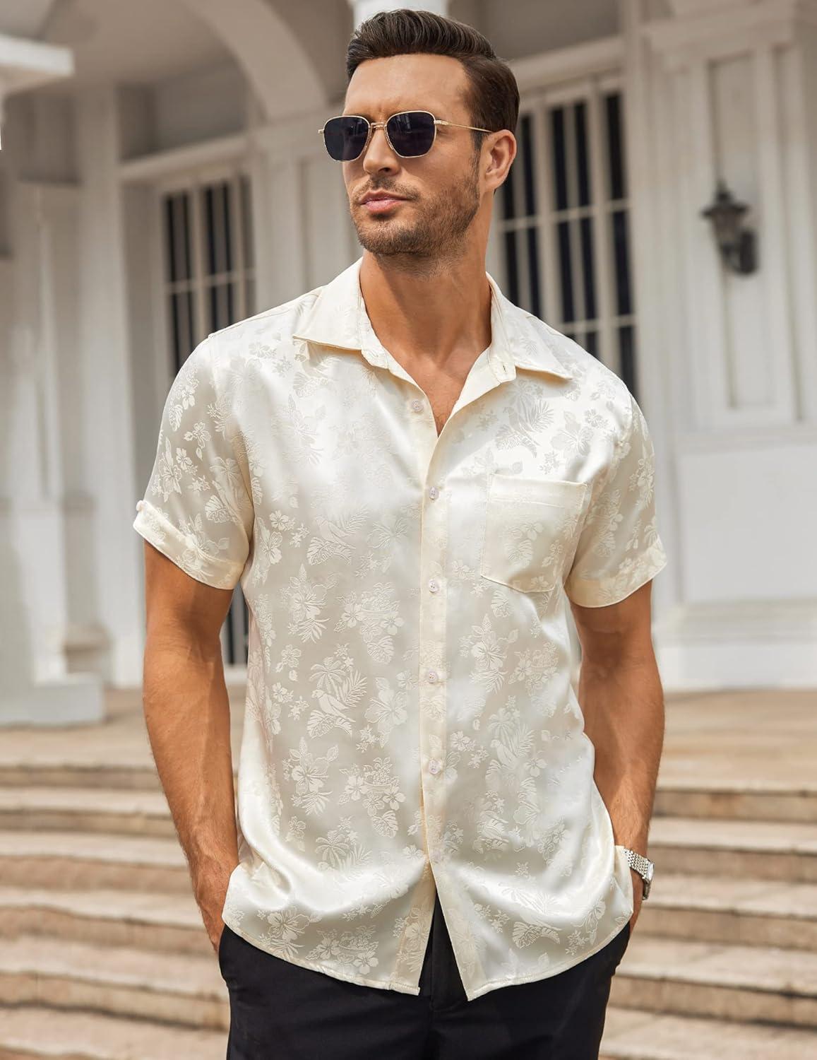 imageCOOFANDY Mens Silk Button Down Short Sleeve Shirt Satin Dress Shirts Summer Beach Wedding Shirt01 Light Khaki