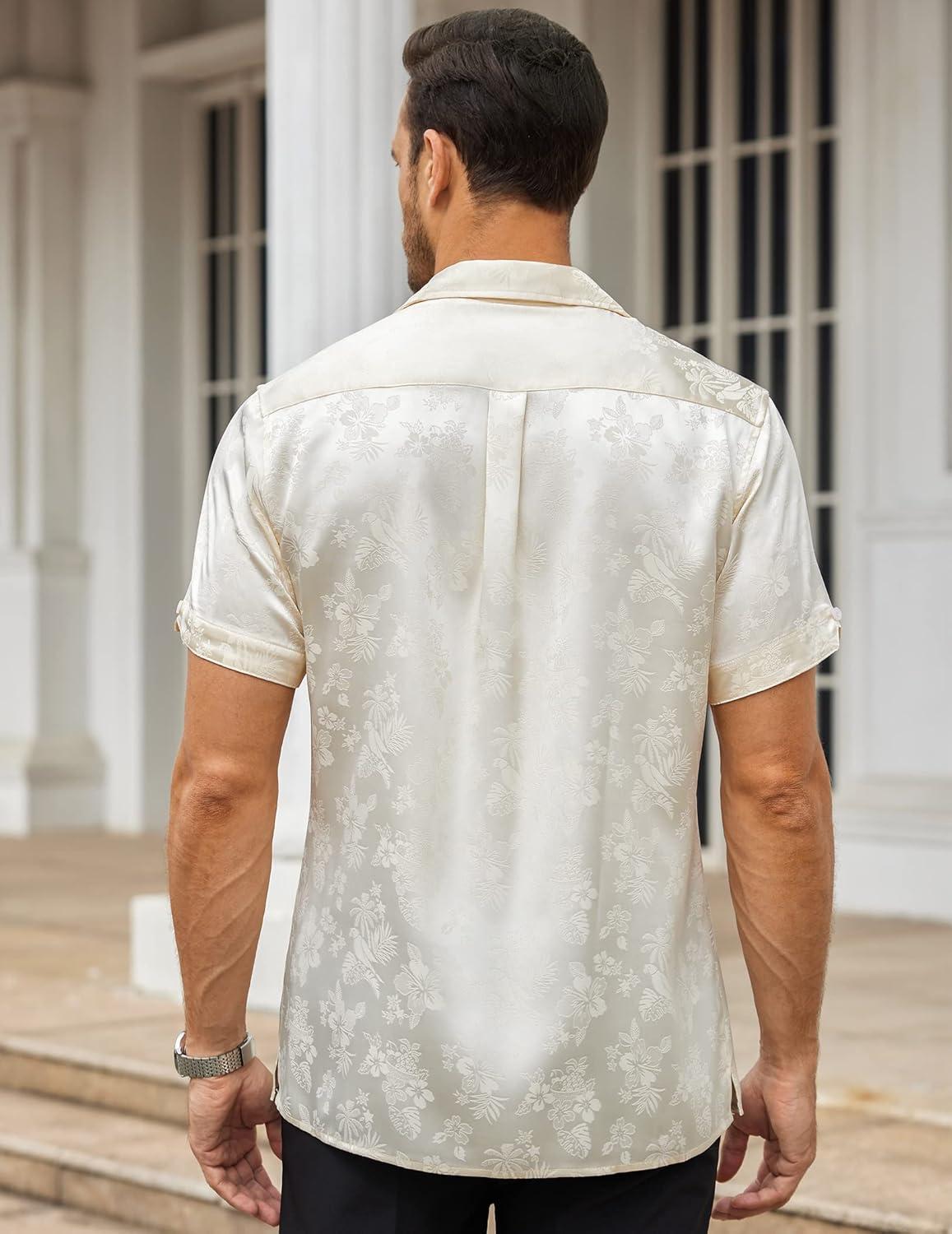 imageCOOFANDY Mens Silk Button Down Short Sleeve Shirt Satin Dress Shirts Summer Beach Wedding Shirt01 Light Khaki