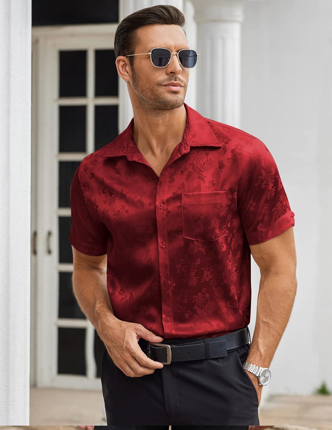 imageCOOFANDY Mens Silk Button Down Short Sleeve Shirt Satin Dress Shirts Summer Beach Wedding Shirt01 Red
