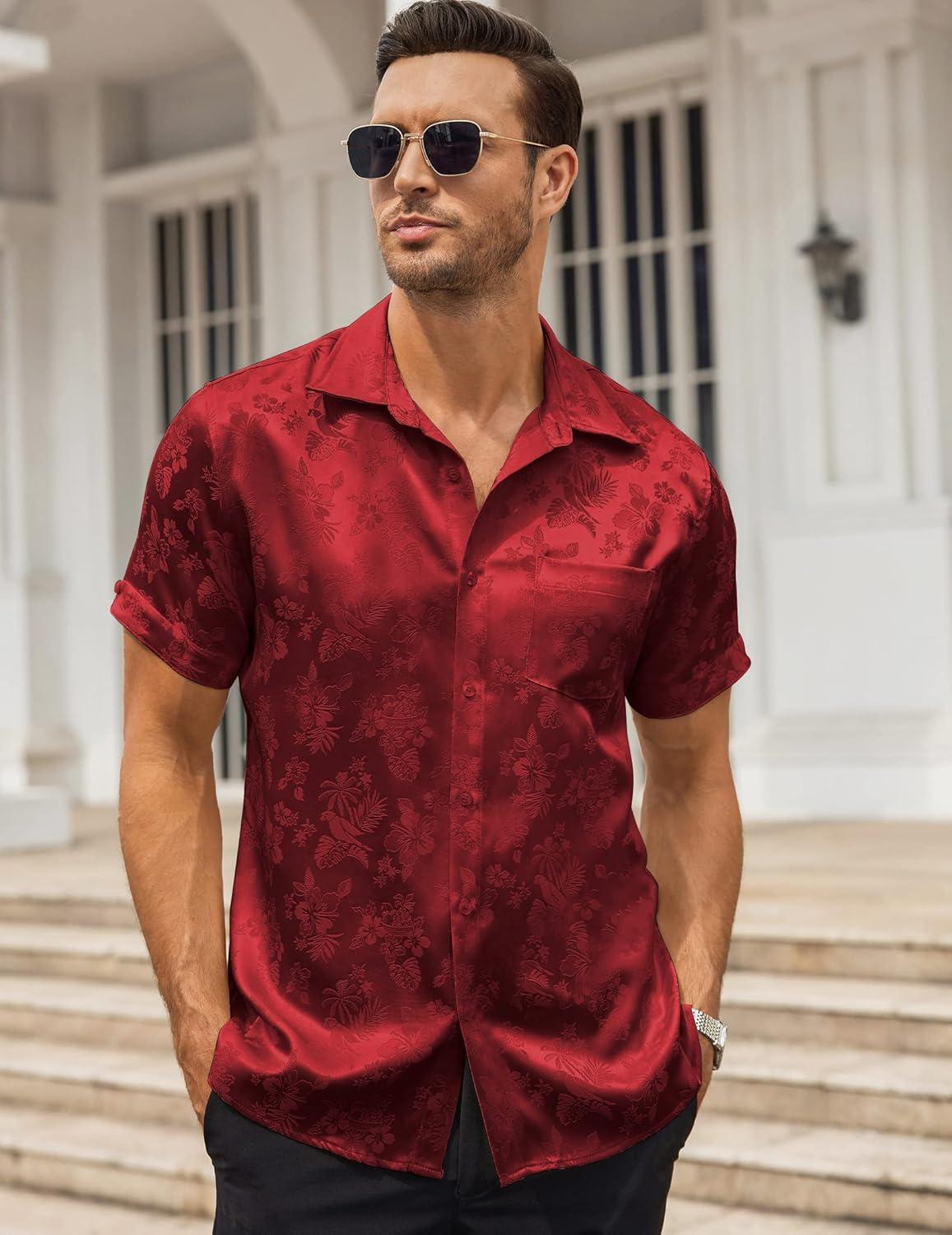 imageCOOFANDY Mens Silk Button Down Short Sleeve Shirt Satin Dress Shirts Summer Beach Wedding Shirt01 Red