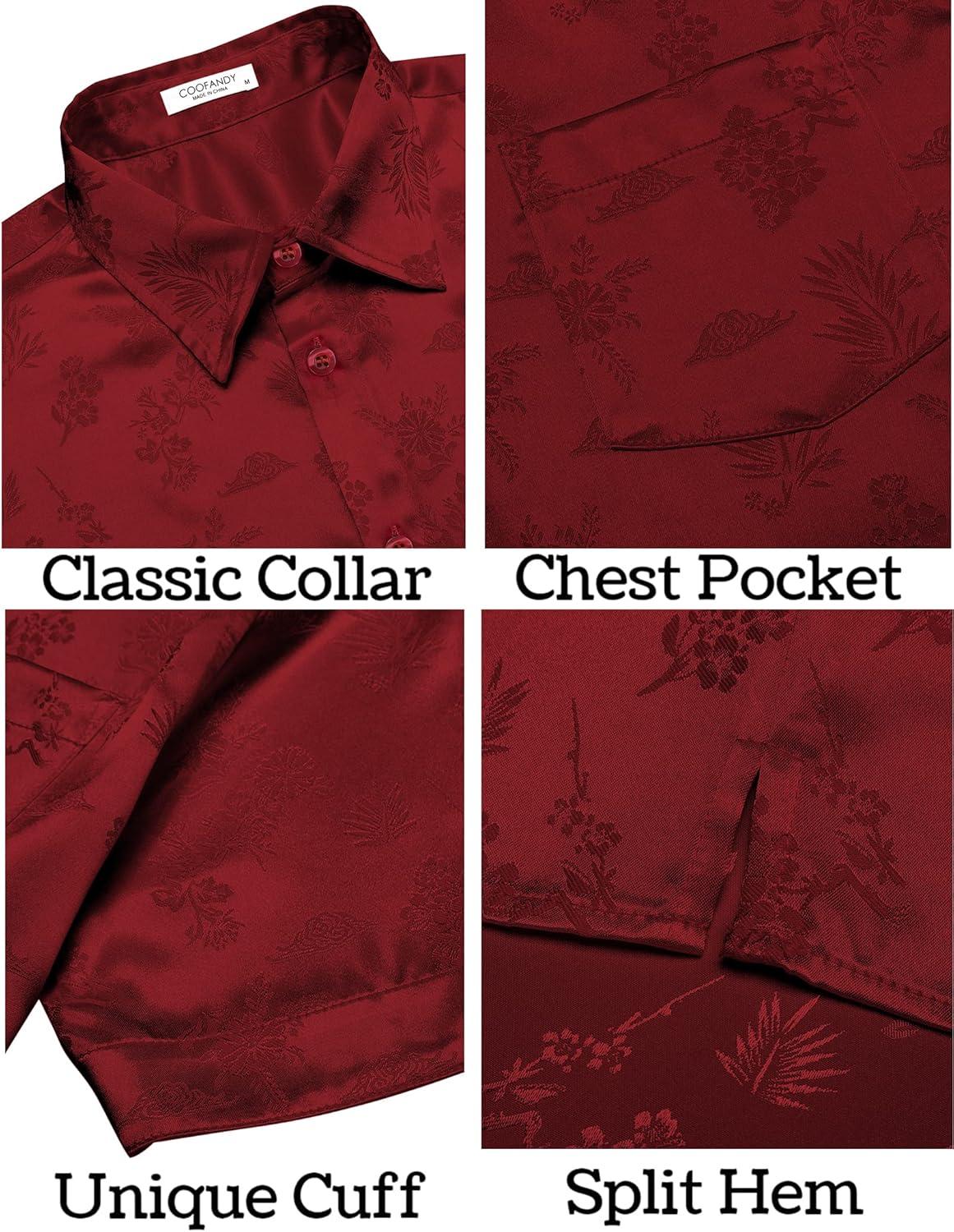 imageCOOFANDY Mens Silk Button Down Short Sleeve Shirt Satin Dress Shirts Summer Beach Wedding Shirt01 Red