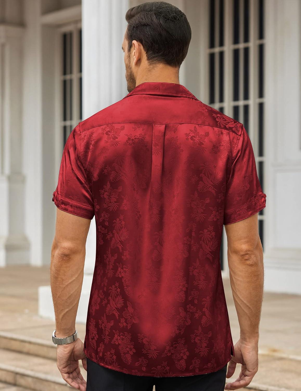 imageCOOFANDY Mens Silk Button Down Short Sleeve Shirt Satin Dress Shirts Summer Beach Wedding Shirt01 Red