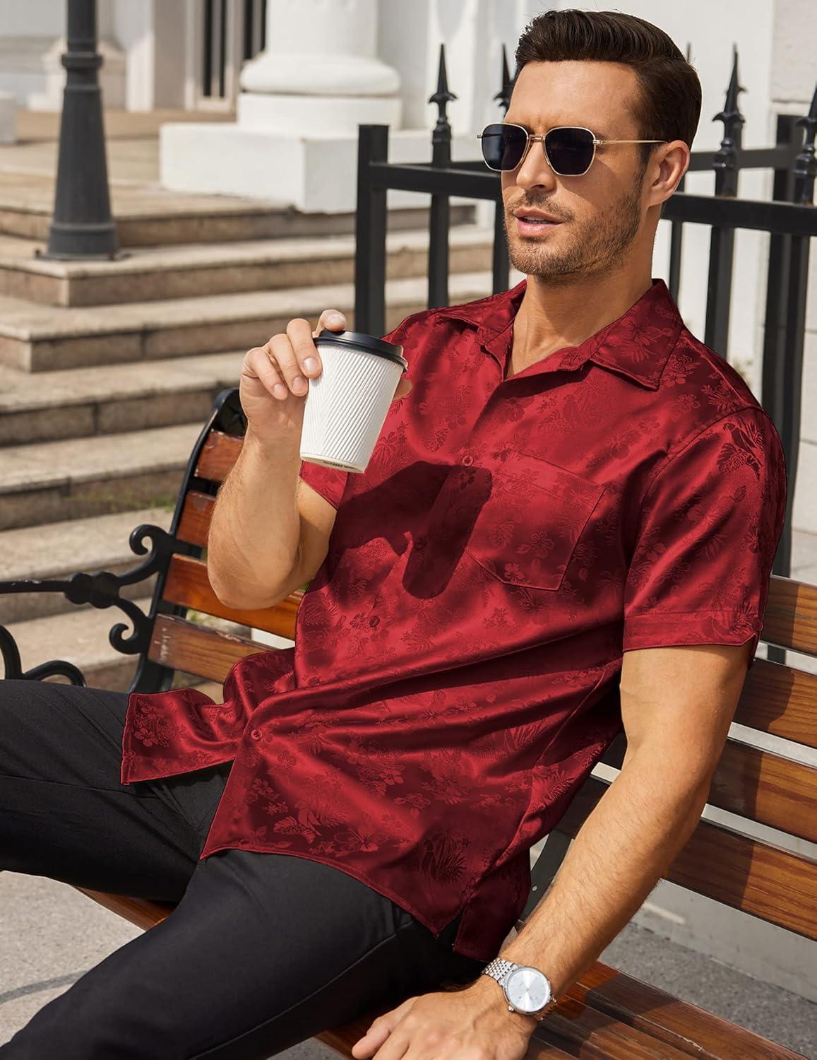 imageCOOFANDY Mens Silk Button Down Short Sleeve Shirt Satin Dress Shirts Summer Beach Wedding Shirt01 Red