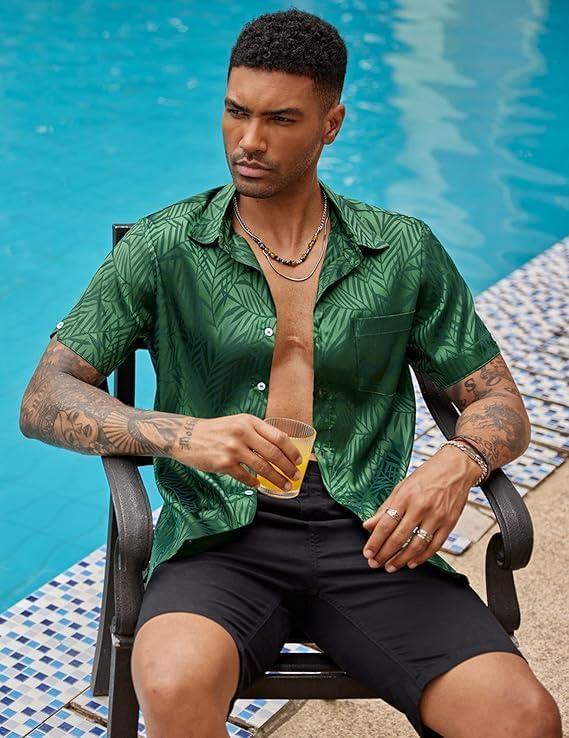 imageCOOFANDY Mens Silk Button Down Short Sleeve Shirt Satin Dress Shirts Summer Beach Wedding Shirt02 Deep Green
