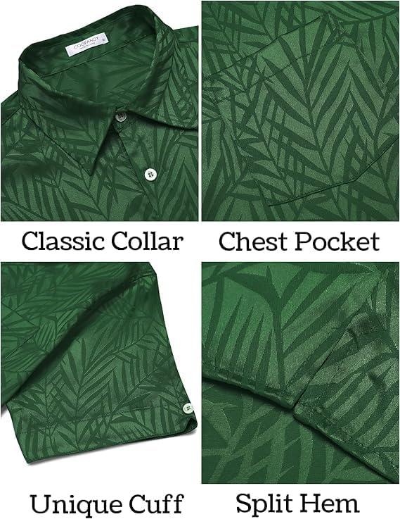 imageCOOFANDY Mens Silk Button Down Short Sleeve Shirt Satin Dress Shirts Summer Beach Wedding Shirt02 Deep Green