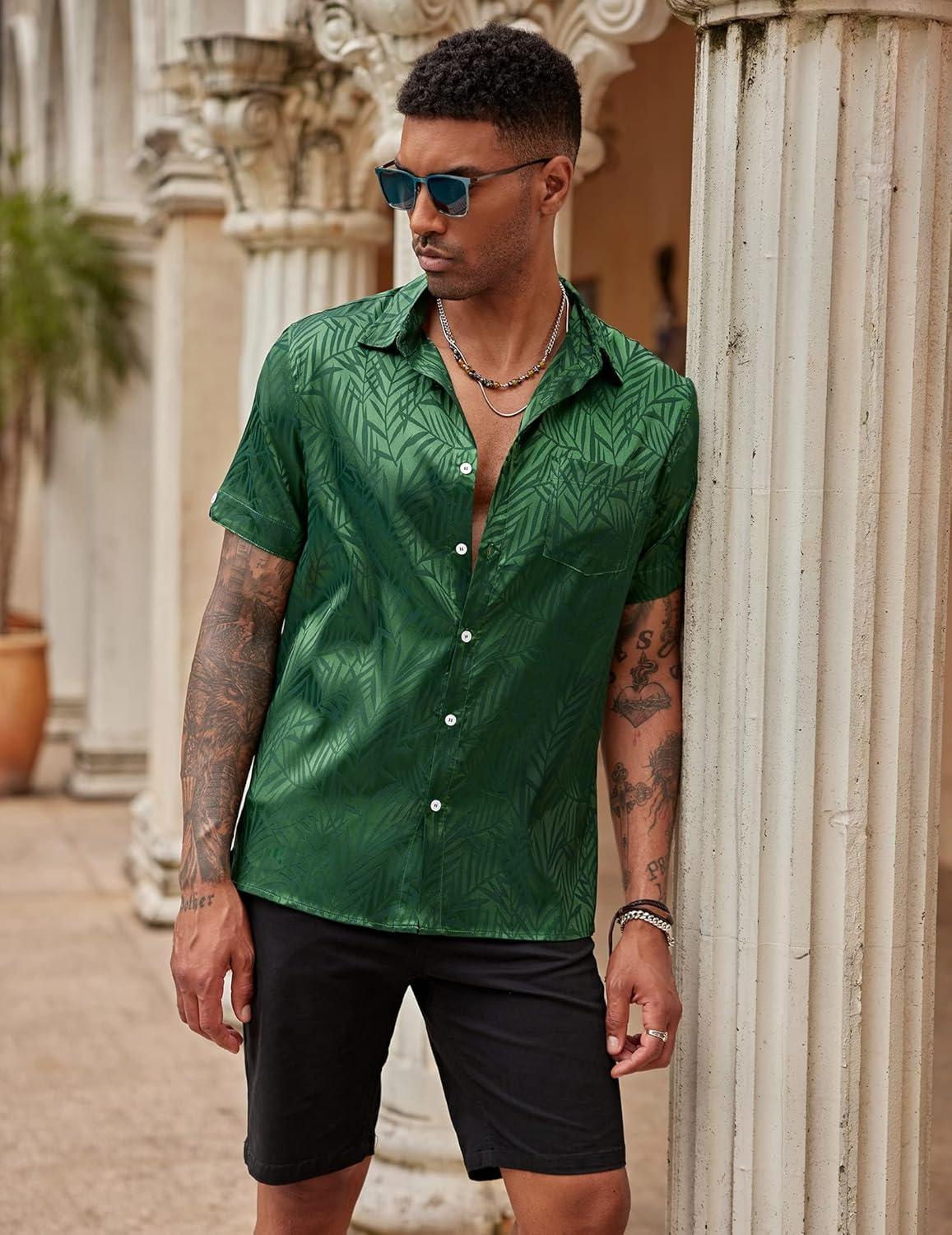 imageCOOFANDY Mens Silk Button Down Short Sleeve Shirt Satin Dress Shirts Summer Beach Wedding Shirt02 Deep Green