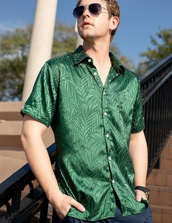 imageCOOFANDY Mens Silk Button Down Short Sleeve Shirt Satin Dress Shirts Summer Beach Wedding Shirt02 Deep Green