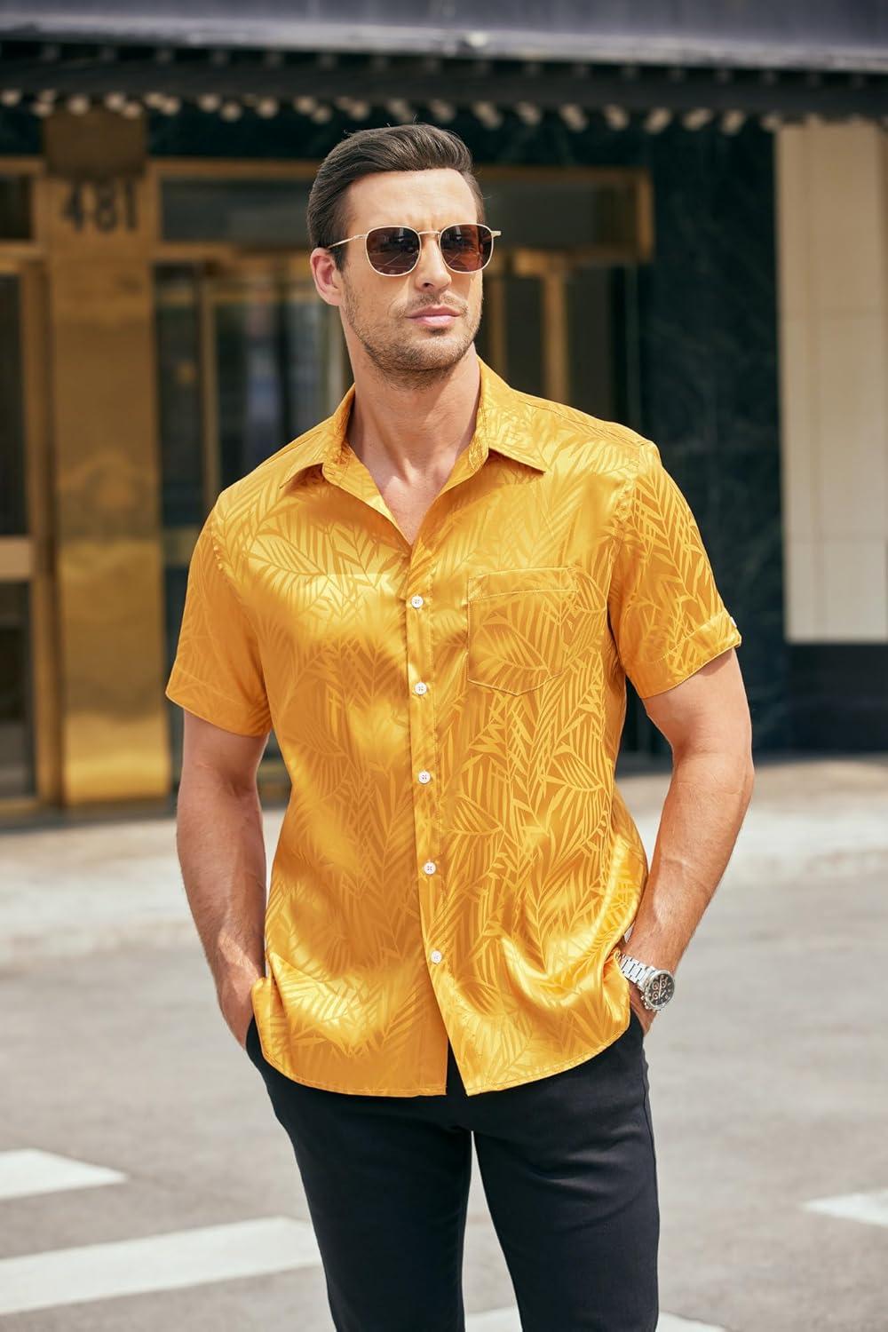 imageCOOFANDY Mens Silk Button Down Short Sleeve Shirt Satin Dress Shirts Summer Beach Wedding Shirt02 Golden Yellow