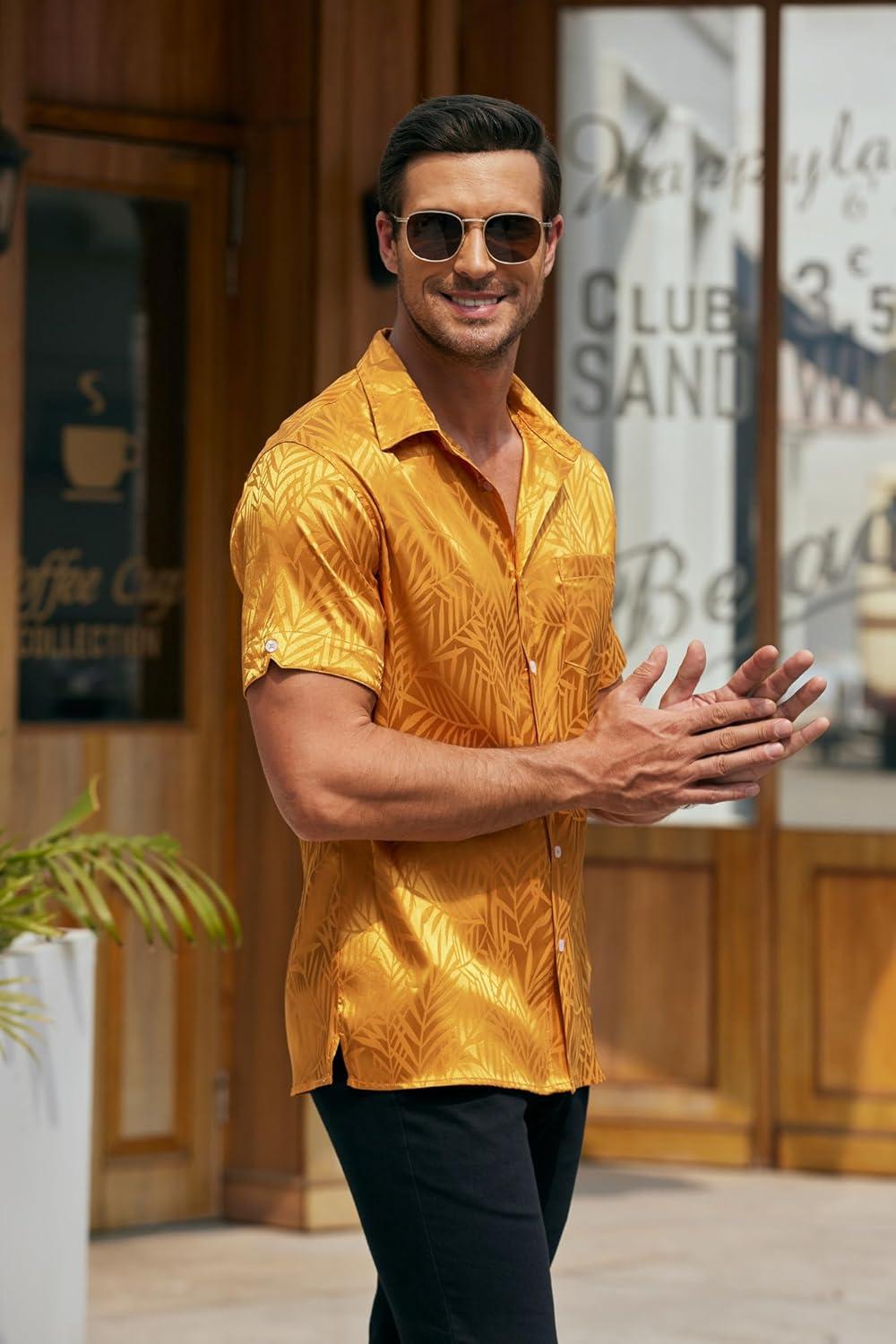 imageCOOFANDY Mens Silk Button Down Short Sleeve Shirt Satin Dress Shirts Summer Beach Wedding Shirt02 Golden Yellow