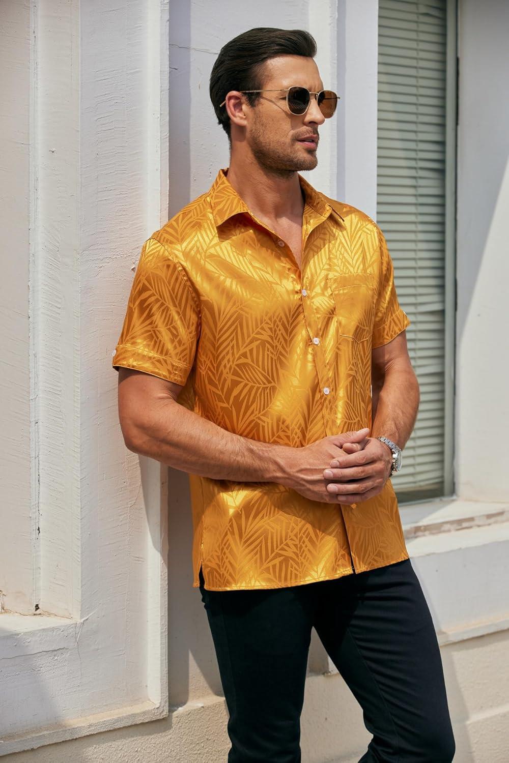 imageCOOFANDY Mens Silk Button Down Short Sleeve Shirt Satin Dress Shirts Summer Beach Wedding Shirt02 Golden Yellow