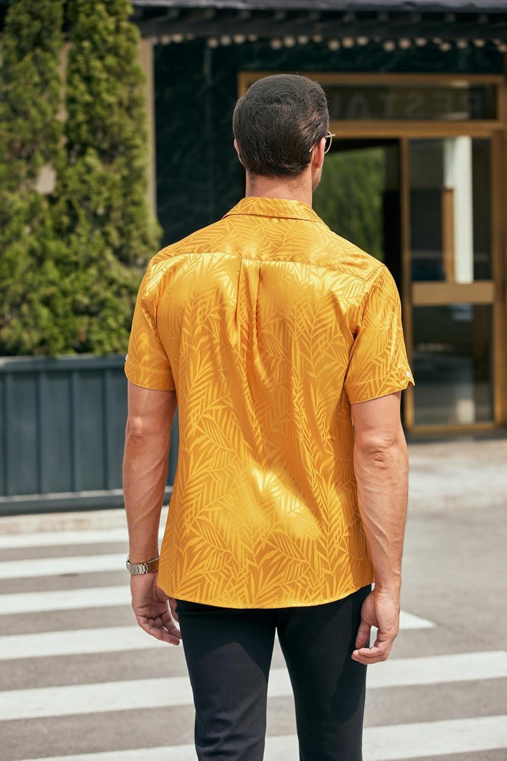 imageCOOFANDY Mens Silk Button Down Short Sleeve Shirt Satin Dress Shirts Summer Beach Wedding Shirt02 Golden Yellow