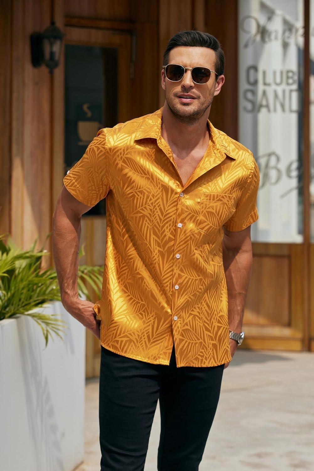 imageCOOFANDY Mens Silk Button Down Short Sleeve Shirt Satin Dress Shirts Summer Beach Wedding Shirt02 Golden Yellow