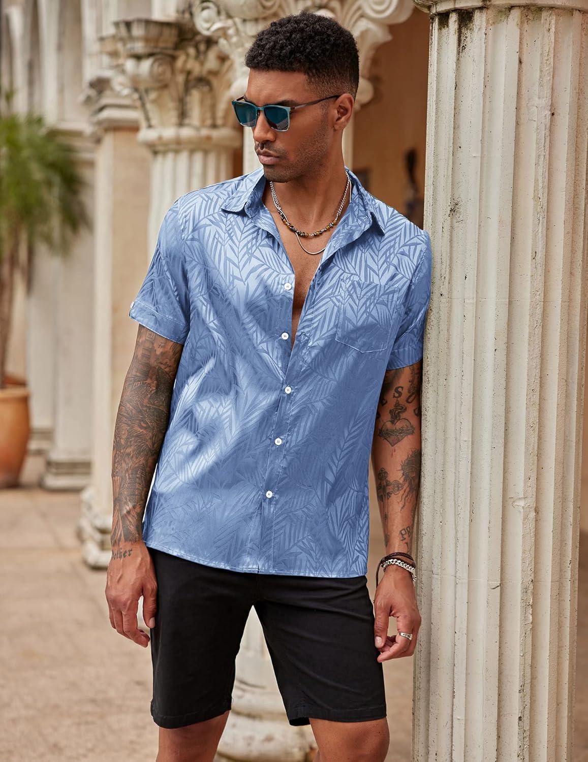 imageCOOFANDY Mens Silk Button Down Short Sleeve Shirt Satin Dress Shirts Summer Beach Wedding Shirt02 Sky Blue