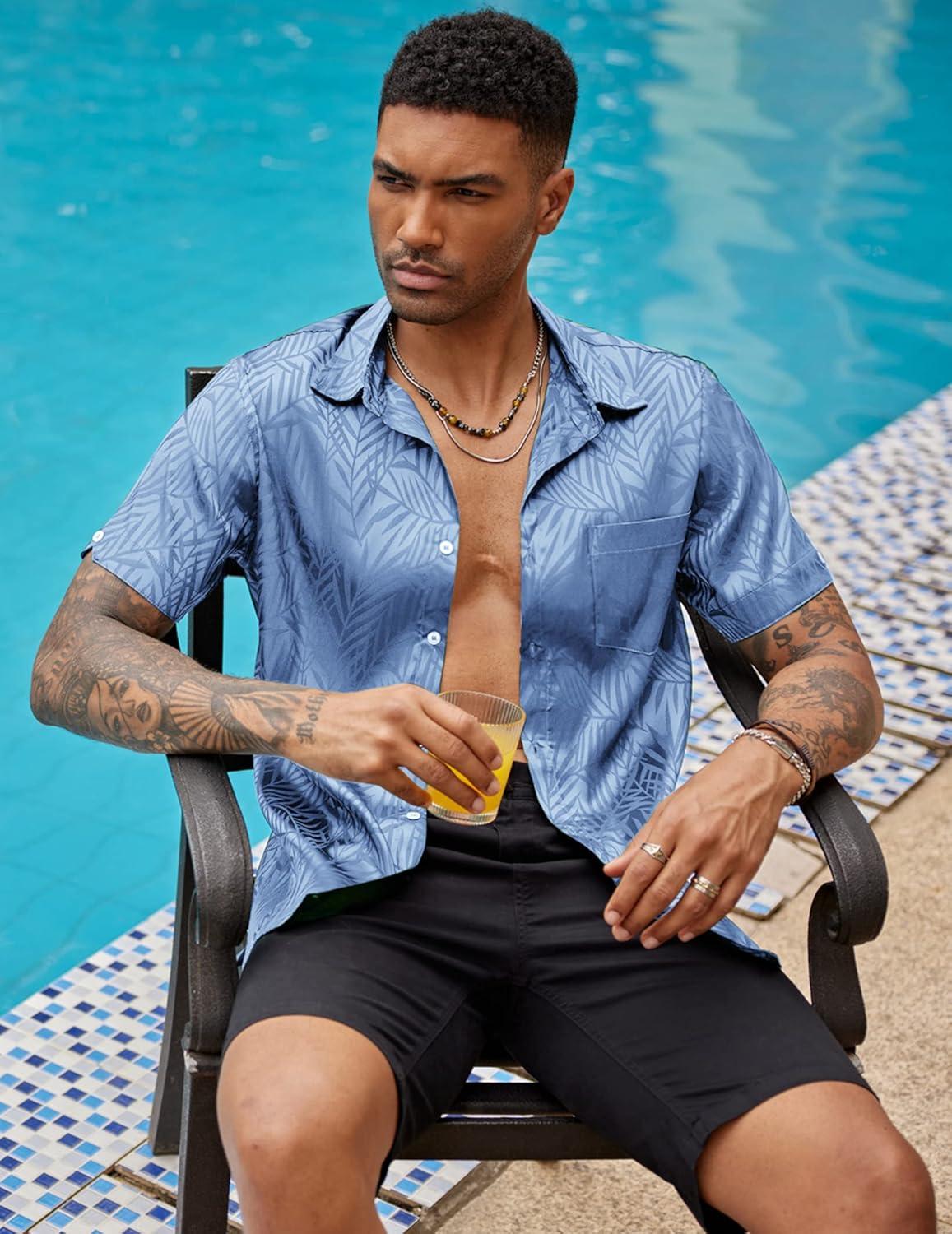 imageCOOFANDY Mens Silk Button Down Short Sleeve Shirt Satin Dress Shirts Summer Beach Wedding Shirt02 Sky Blue
