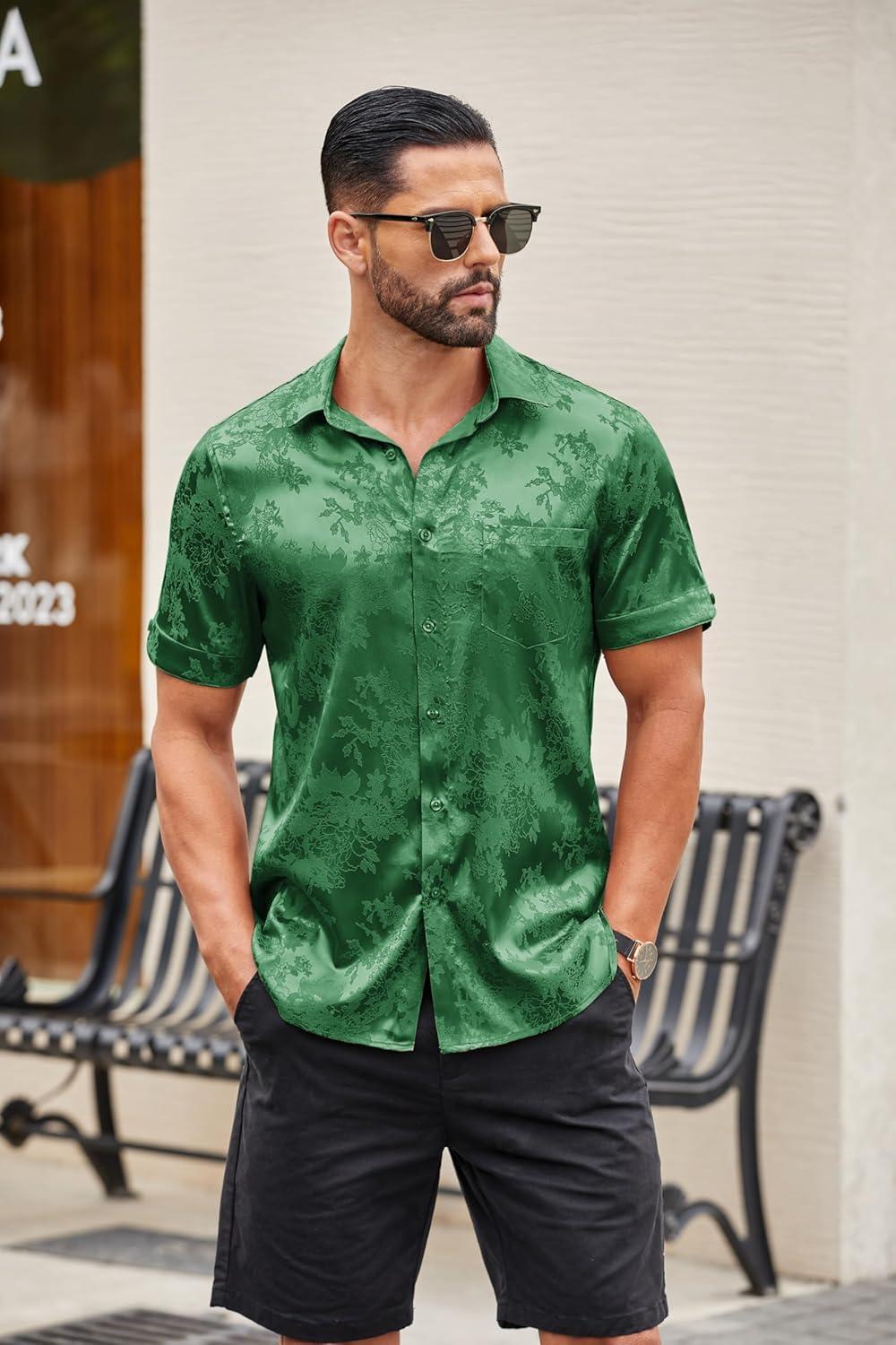 imageCOOFANDY Mens Silk Button Down Short Sleeve Shirt Satin Dress Shirts Summer Beach Wedding Shirt03 Deep Green