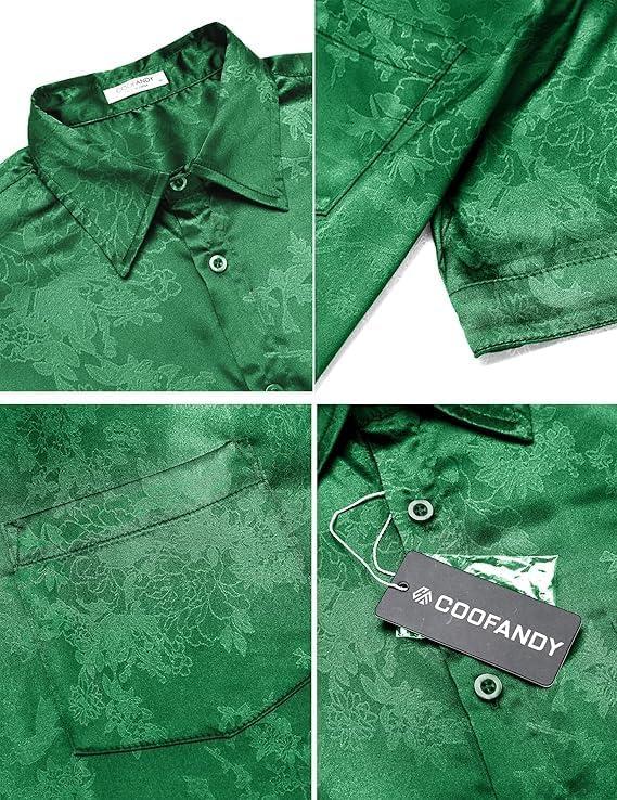 imageCOOFANDY Mens Silk Button Down Short Sleeve Shirt Satin Dress Shirts Summer Beach Wedding Shirt03 Deep Green