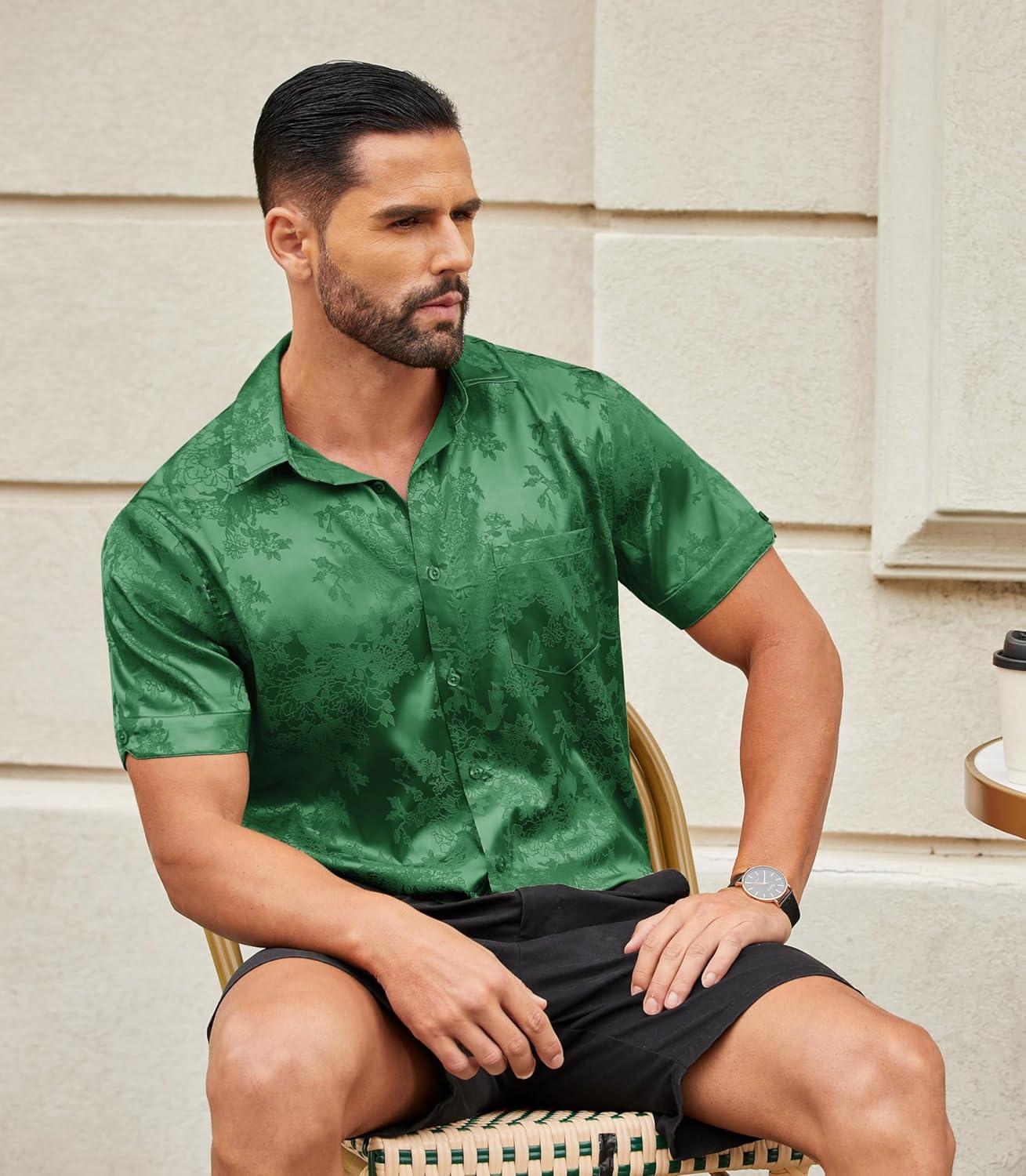 imageCOOFANDY Mens Silk Button Down Short Sleeve Shirt Satin Dress Shirts Summer Beach Wedding Shirt03 Deep Green
