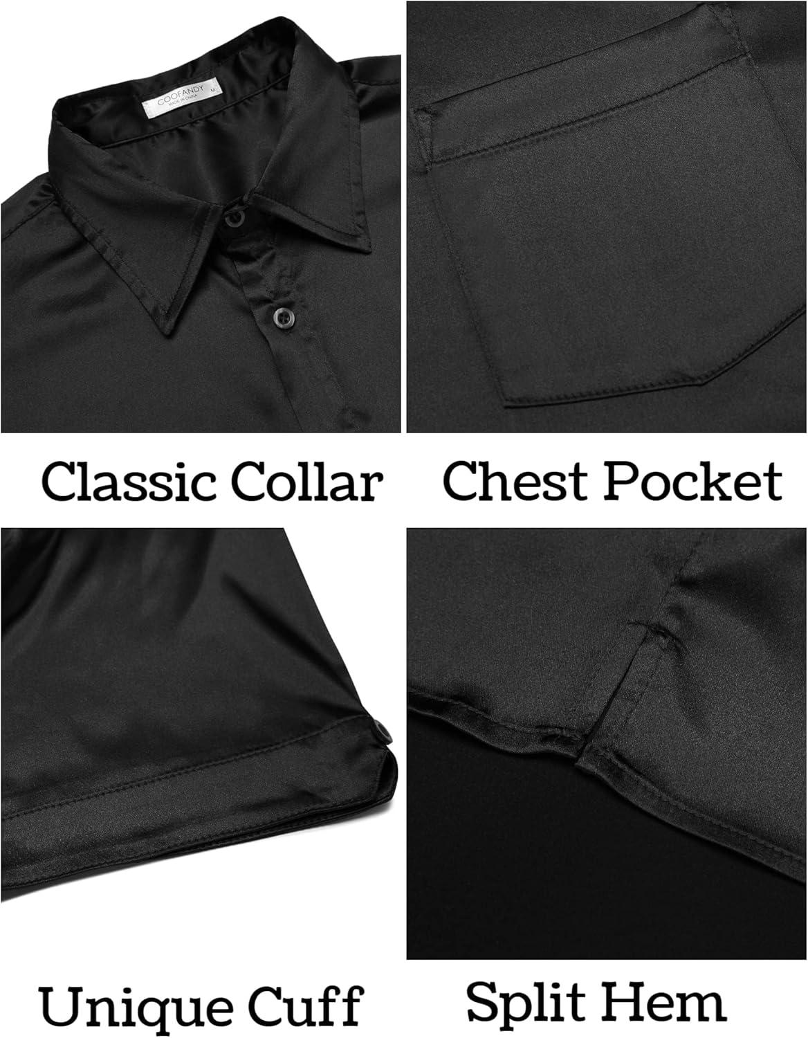 imageCOOFANDY Mens Silk Button Down Short Sleeve Shirt Satin Dress Shirts Summer Beach Wedding ShirtBlackpure
