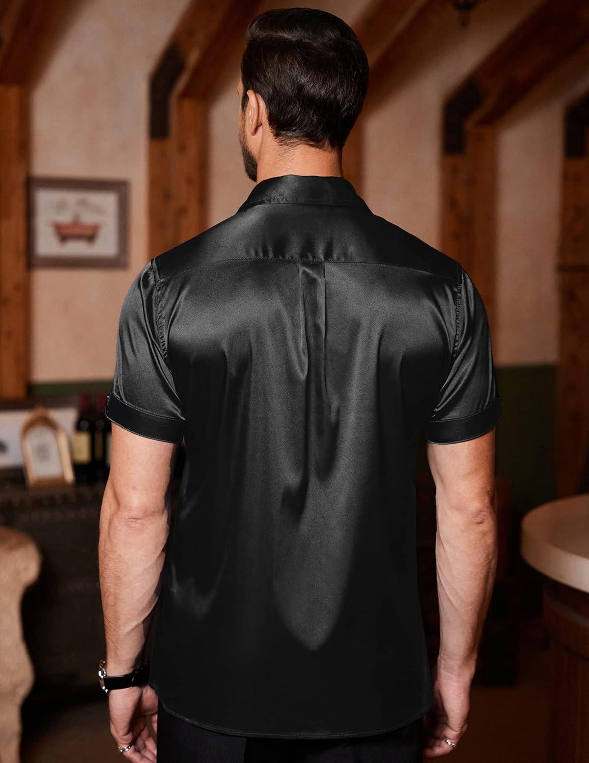 imageCOOFANDY Mens Silk Button Down Short Sleeve Shirt Satin Dress Shirts Summer Beach Wedding ShirtBlackpure