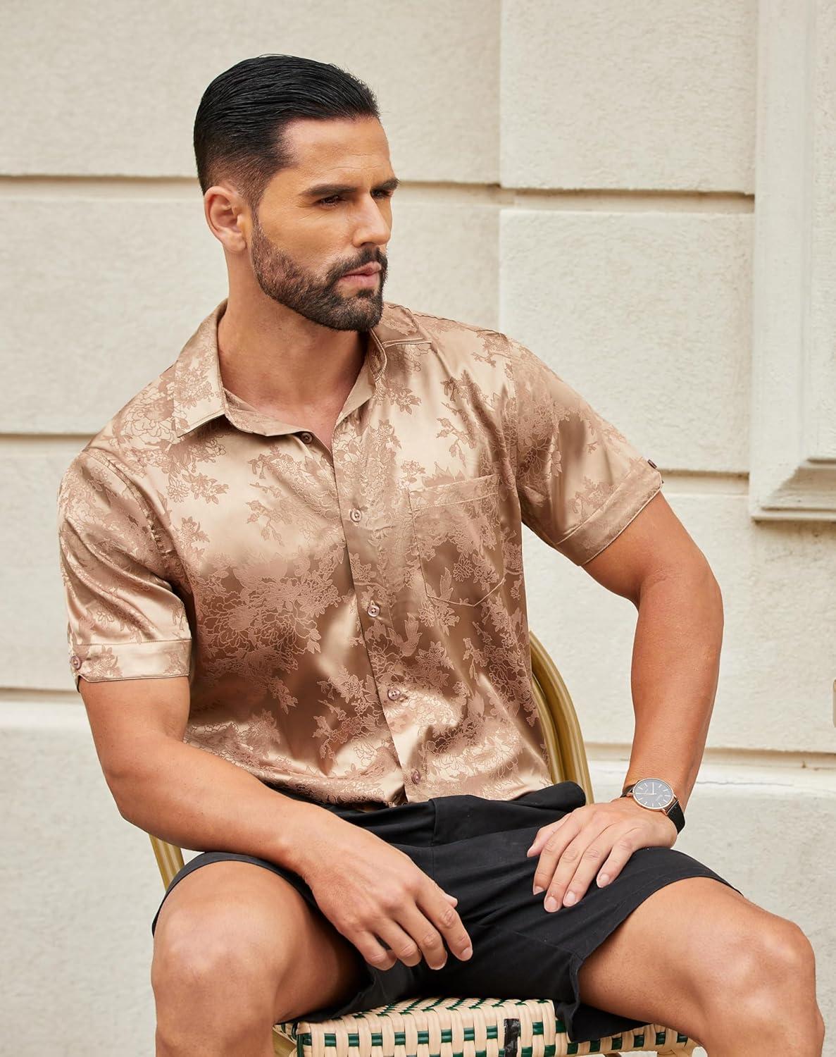 imageCOOFANDY Mens Silk Button Down Short Sleeve Shirt Satin Dress Shirts Summer Beach Wedding ShirtKhaki