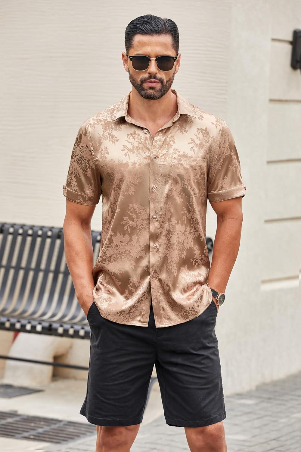 imageCOOFANDY Mens Silk Button Down Short Sleeve Shirt Satin Dress Shirts Summer Beach Wedding ShirtKhaki