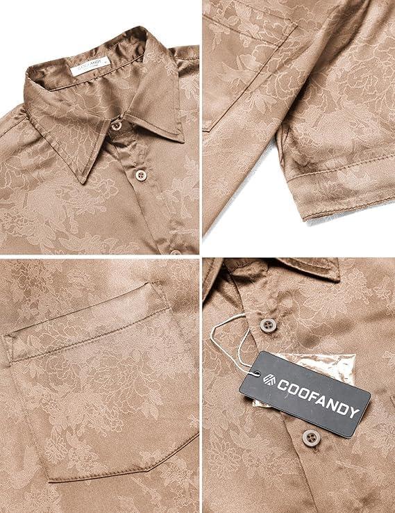 imageCOOFANDY Mens Silk Button Down Short Sleeve Shirt Satin Dress Shirts Summer Beach Wedding ShirtKhaki