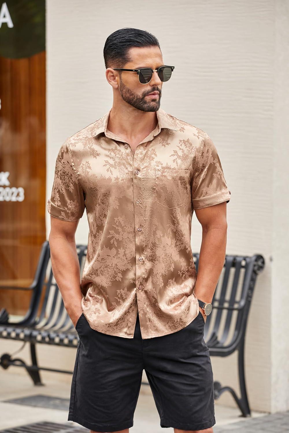 imageCOOFANDY Mens Silk Button Down Short Sleeve Shirt Satin Dress Shirts Summer Beach Wedding ShirtKhaki