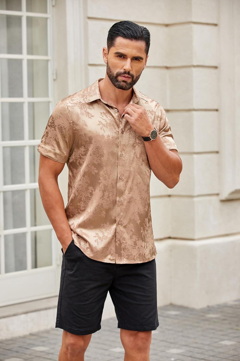 imageCOOFANDY Mens Silk Button Down Short Sleeve Shirt Satin Dress Shirts Summer Beach Wedding ShirtKhaki