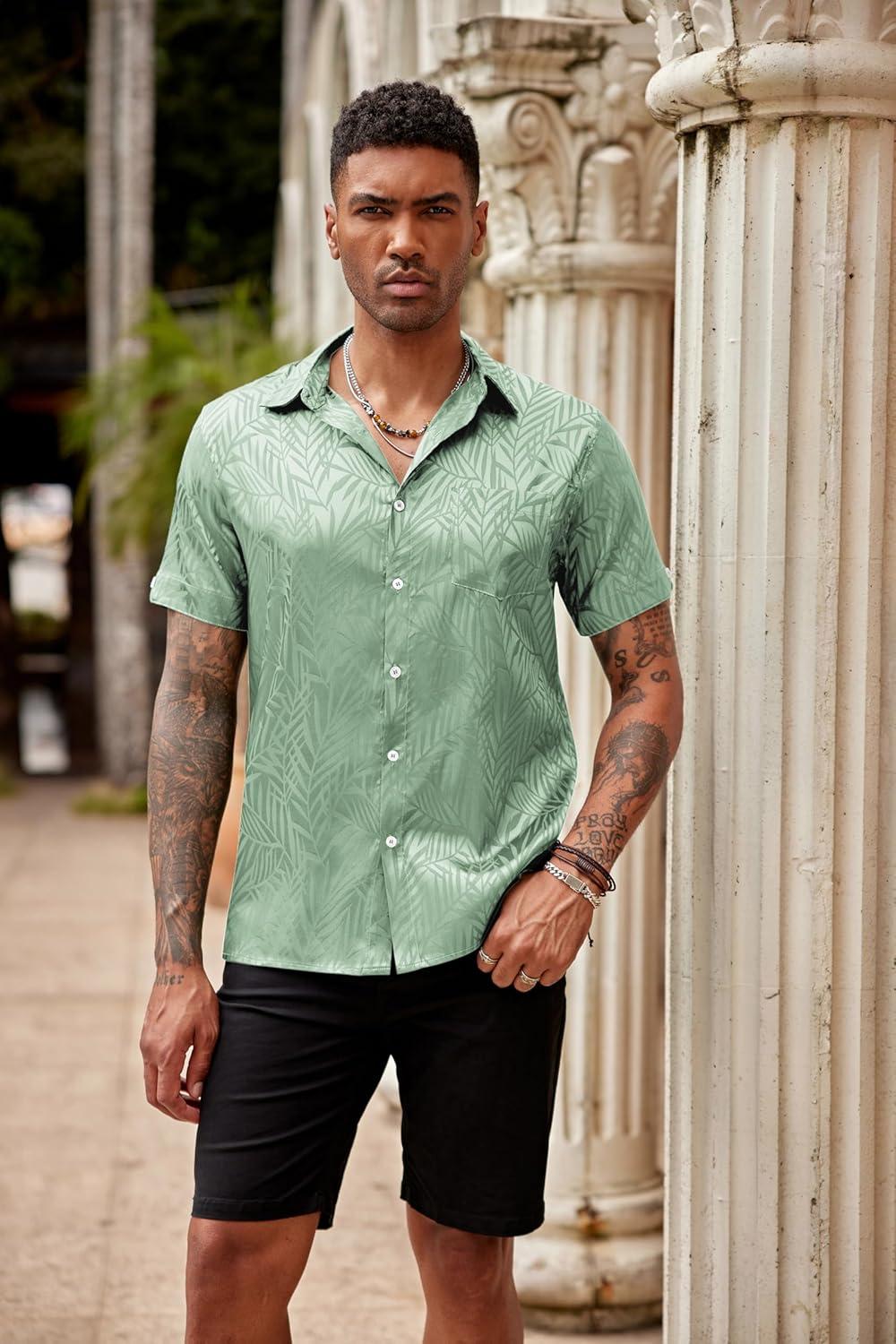 imageCOOFANDY Mens Silk Button Down Short Sleeve Shirt Satin Dress Shirts Summer Beach Wedding ShirtLight Green