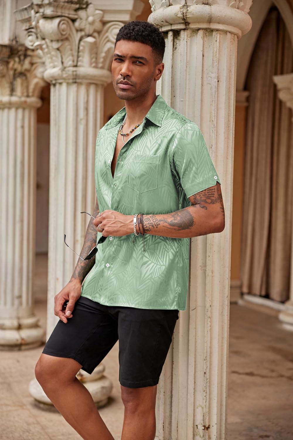 imageCOOFANDY Mens Silk Button Down Short Sleeve Shirt Satin Dress Shirts Summer Beach Wedding ShirtLight Green