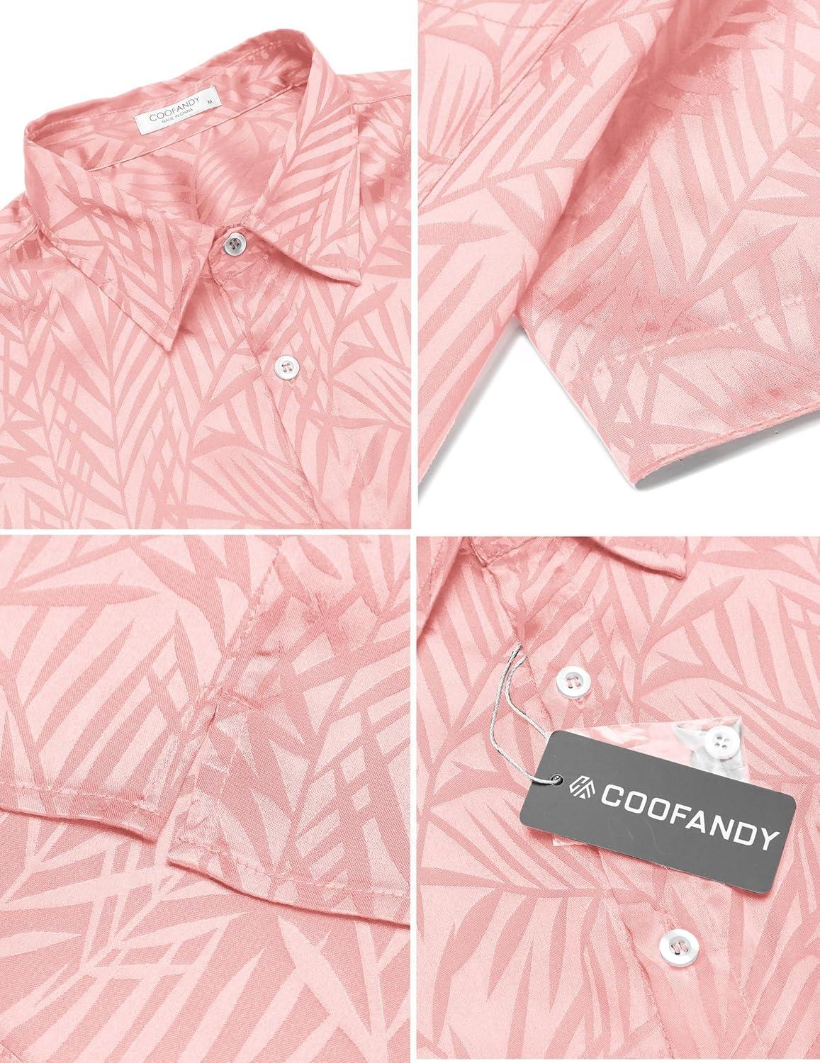 imageCOOFANDY Mens Silk Button Down Short Sleeve Shirt Satin Dress Shirts Summer Beach Wedding ShirtPink