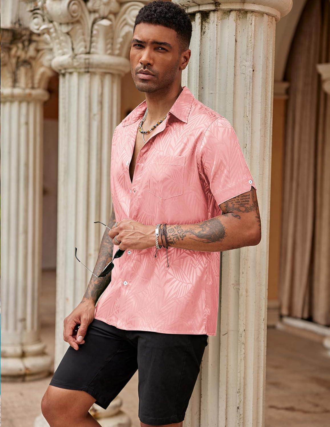 imageCOOFANDY Mens Silk Button Down Short Sleeve Shirt Satin Dress Shirts Summer Beach Wedding ShirtPink