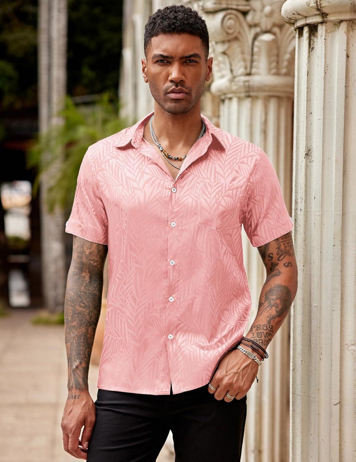 imageCOOFANDY Mens Silk Button Down Short Sleeve Shirt Satin Dress Shirts Summer Beach Wedding ShirtPink