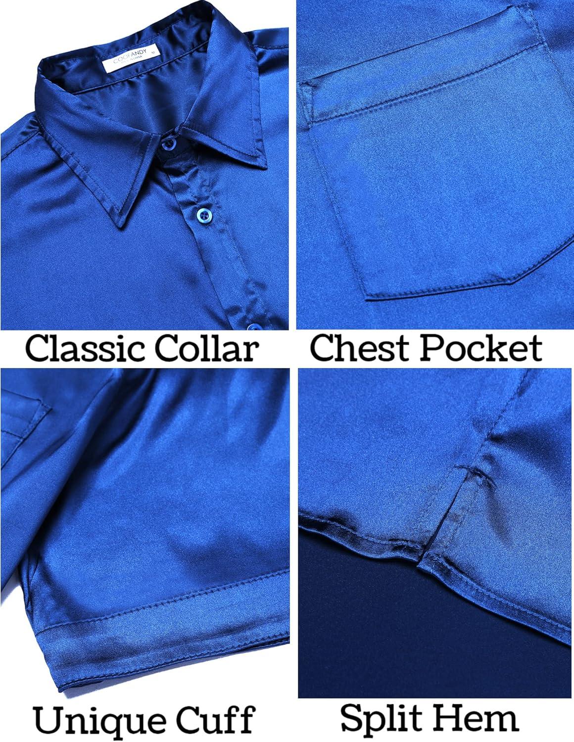 imageCOOFANDY Mens Silk Button Down Short Sleeve Shirt Satin Dress Shirts Summer Beach Wedding ShirtRoyal Bluepure
