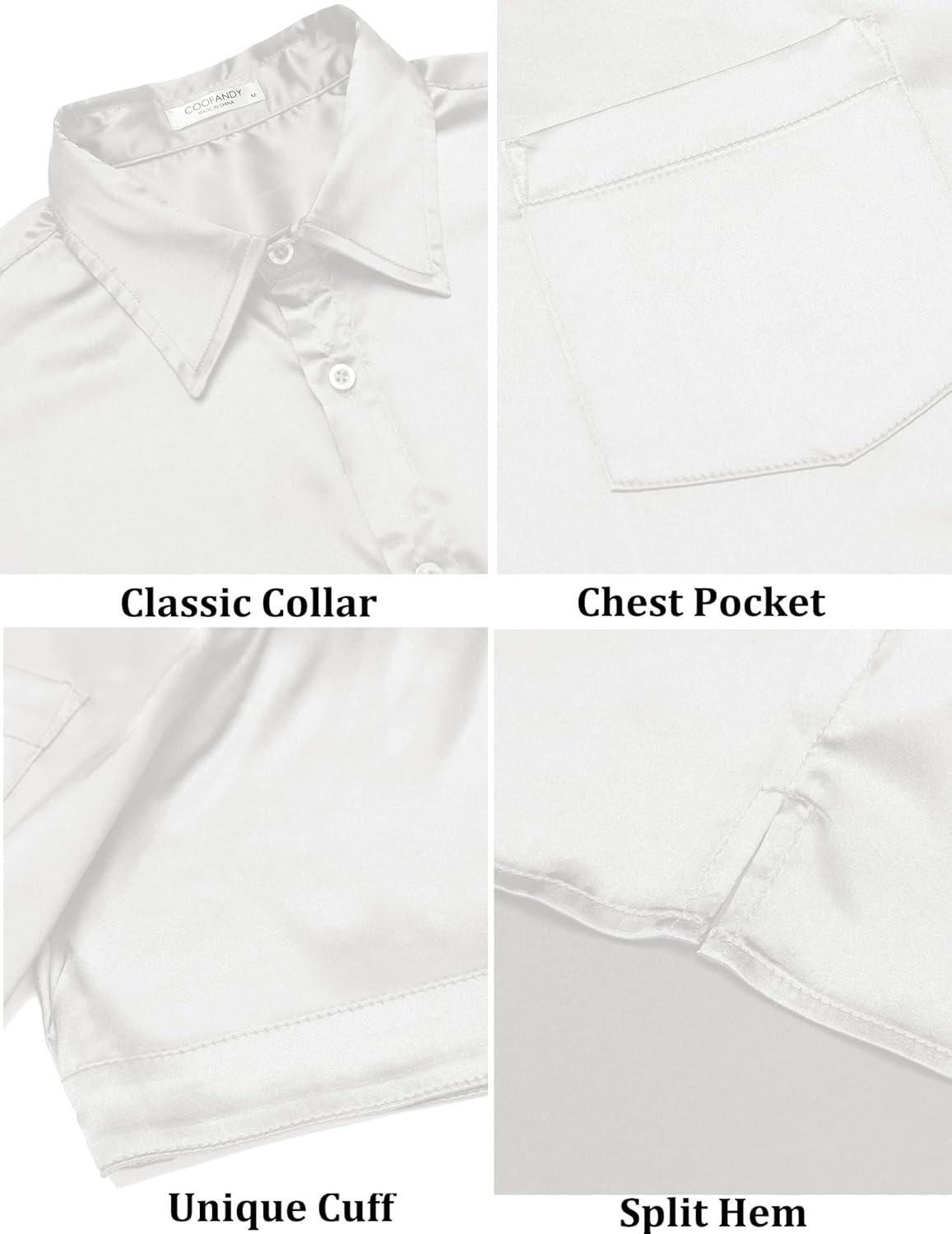 imageCOOFANDY Mens Silk Button Down Short Sleeve Shirt Satin Dress Shirts Summer Beach Wedding ShirtWhitepure