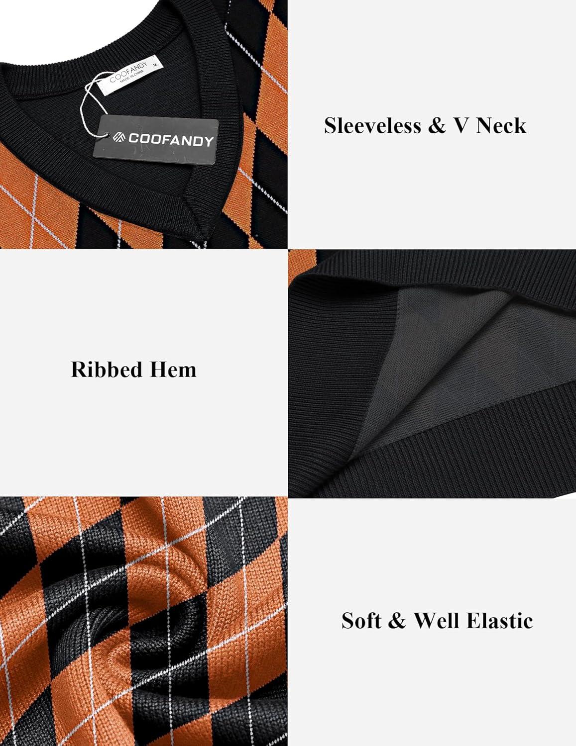 imageCOOFANDY Mens Sleeveless V Neck Pullover Sweater Slim Fit Casual Argyle Sweater VestBlackorange
