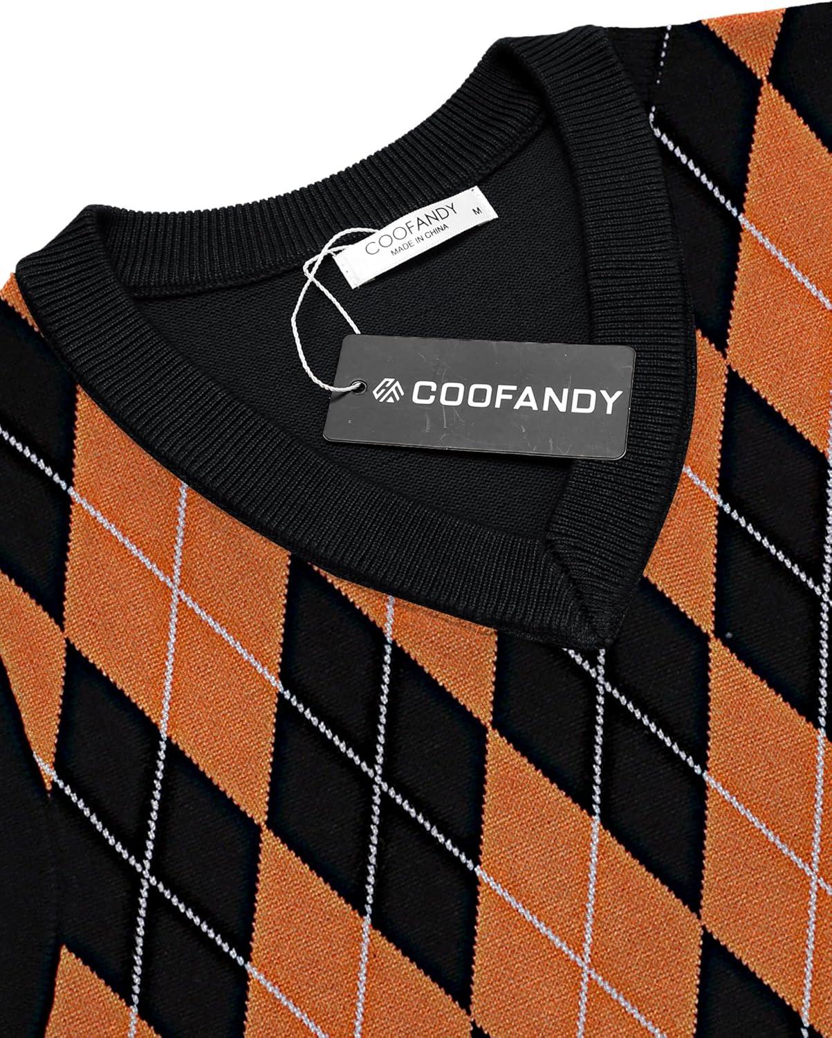 imageCOOFANDY Mens Sleeveless V Neck Pullover Sweater Slim Fit Casual Argyle Sweater VestBlackorange