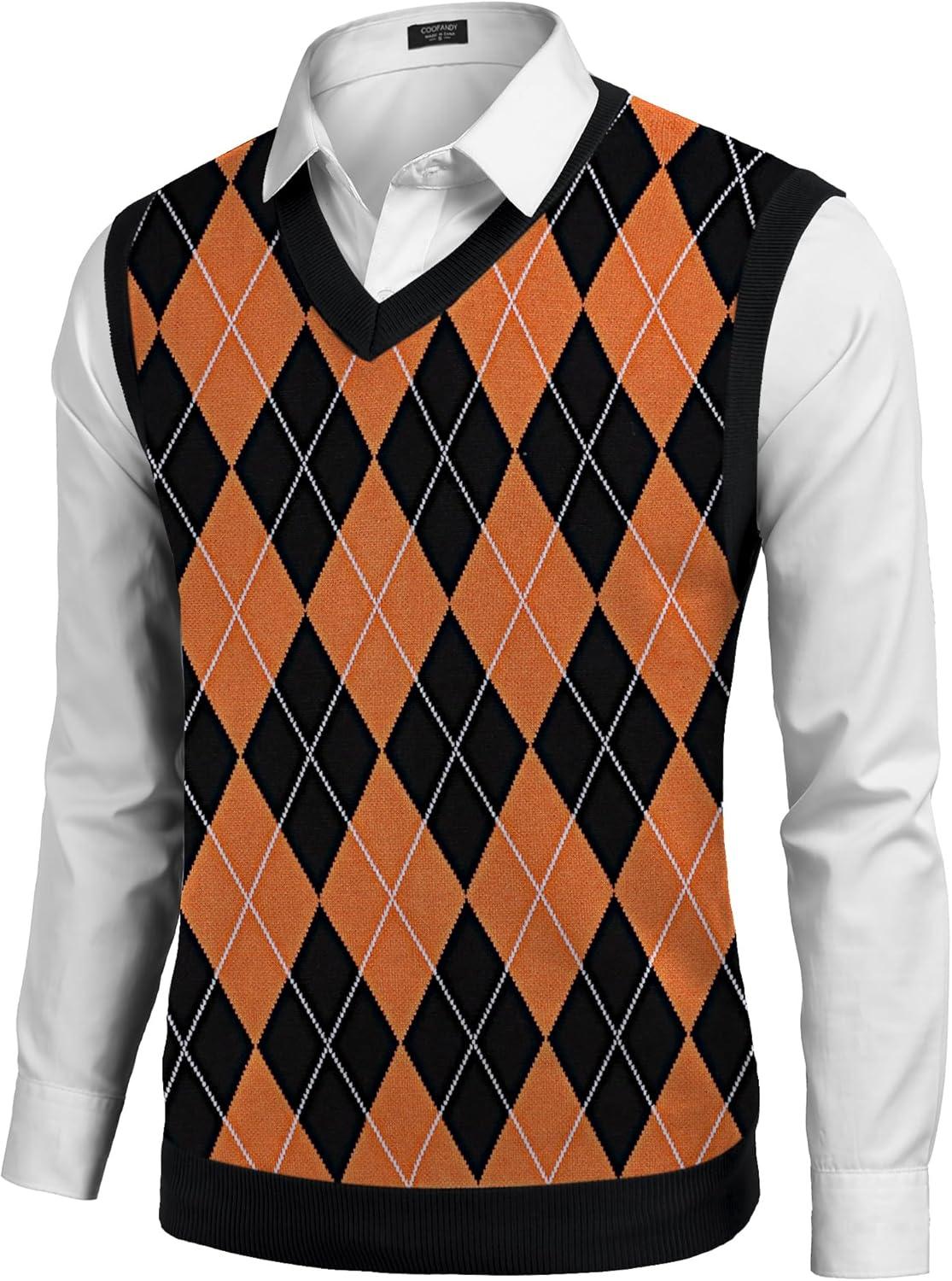 imageCOOFANDY Mens Sleeveless V Neck Pullover Sweater Slim Fit Casual Argyle Sweater VestBlackorange