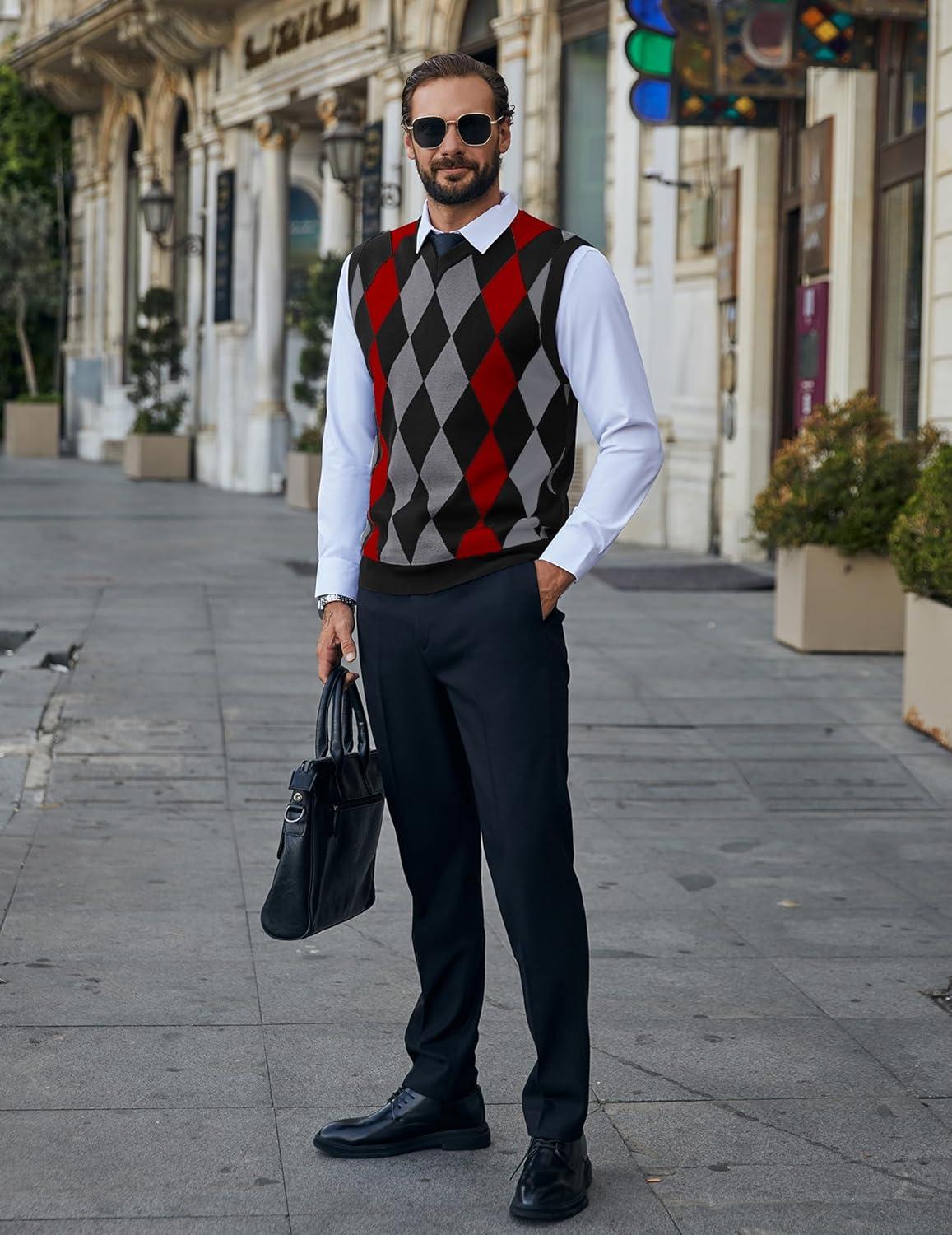 imageCOOFANDY Mens Sleeveless V Neck Pullover Sweater Slim Fit Casual Argyle Sweater VestBlackred