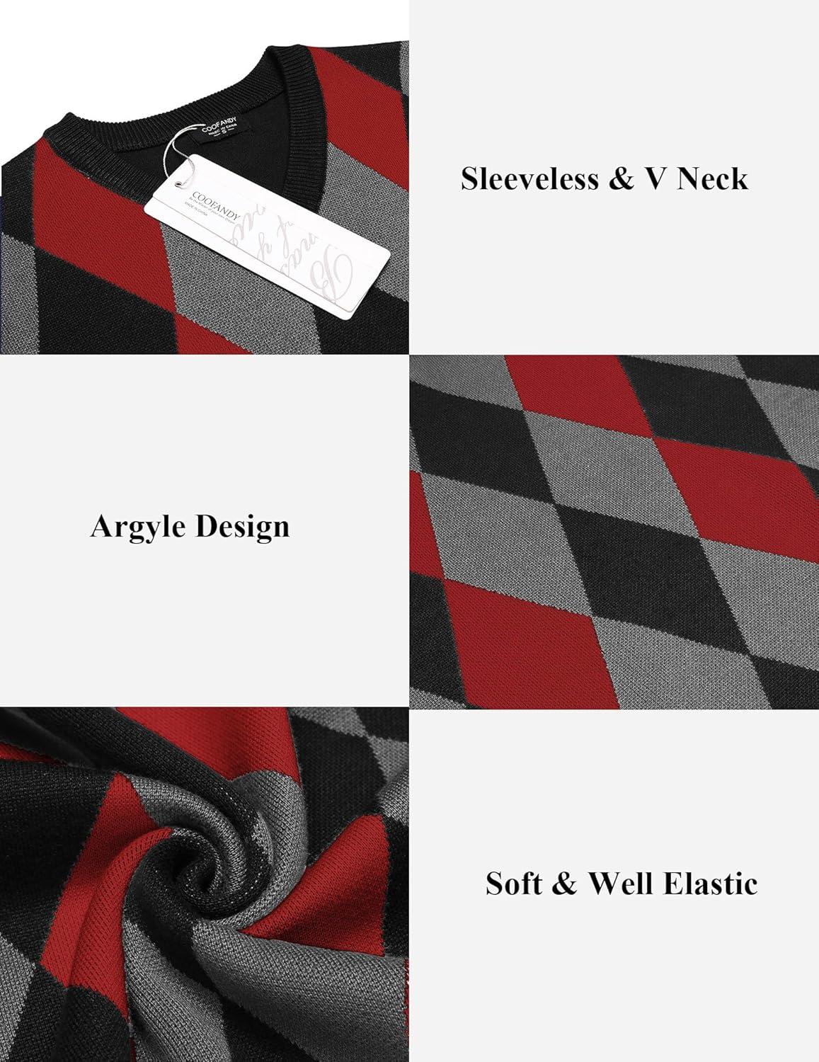 imageCOOFANDY Mens Sleeveless V Neck Pullover Sweater Slim Fit Casual Argyle Sweater VestBlackred