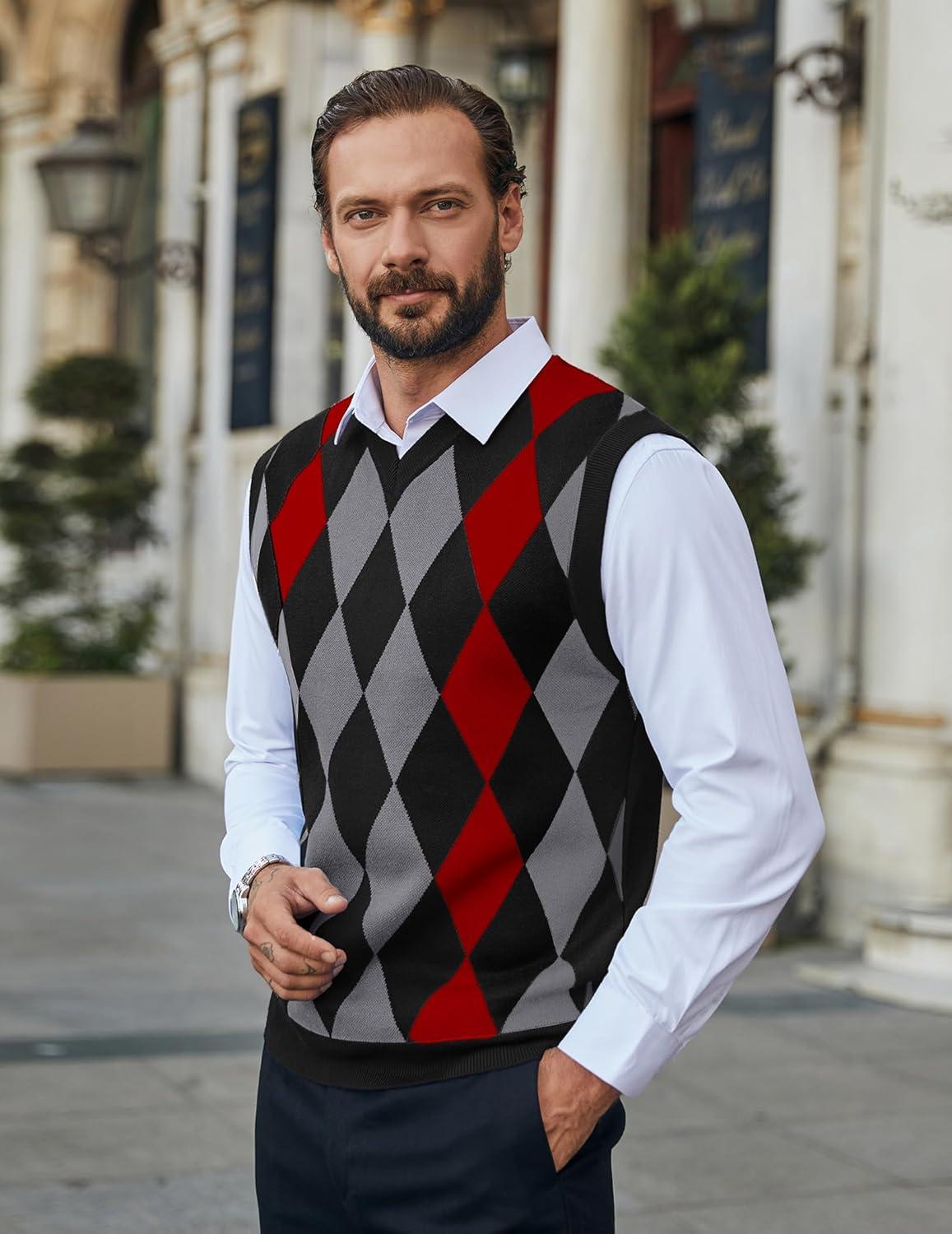 imageCOOFANDY Mens Sleeveless V Neck Pullover Sweater Slim Fit Casual Argyle Sweater VestBlackred
