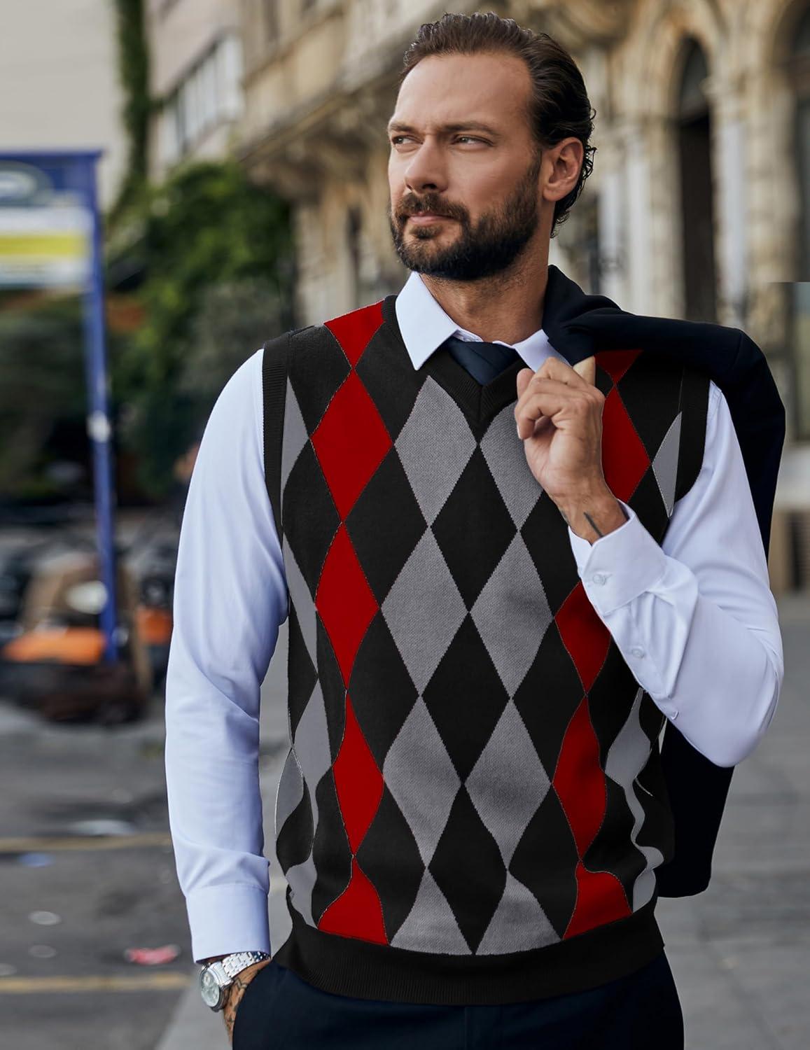 imageCOOFANDY Mens Sleeveless V Neck Pullover Sweater Slim Fit Casual Argyle Sweater VestBlackred