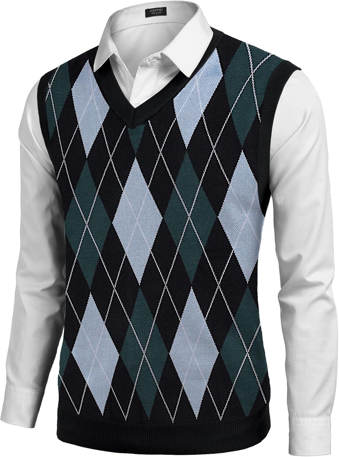 imageCOOFANDY Mens Sleeveless V Neck Pullover Sweater Slim Fit Casual Argyle Sweater VestBluegreen