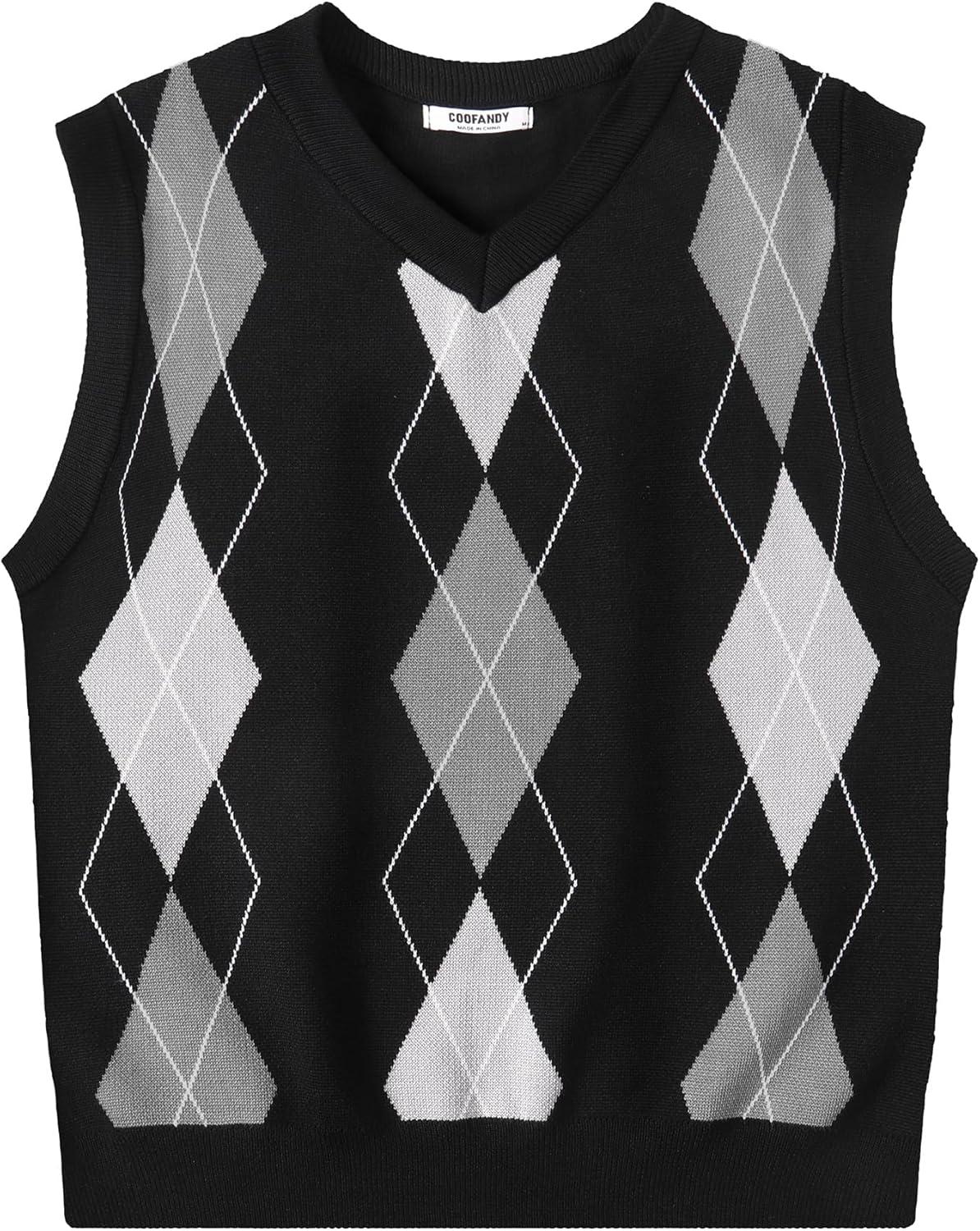 imageCOOFANDY Mens Sleeveless V Neck Pullover Sweater Slim Fit Casual Argyle Sweater VestGw262 Black and Gray Plaid