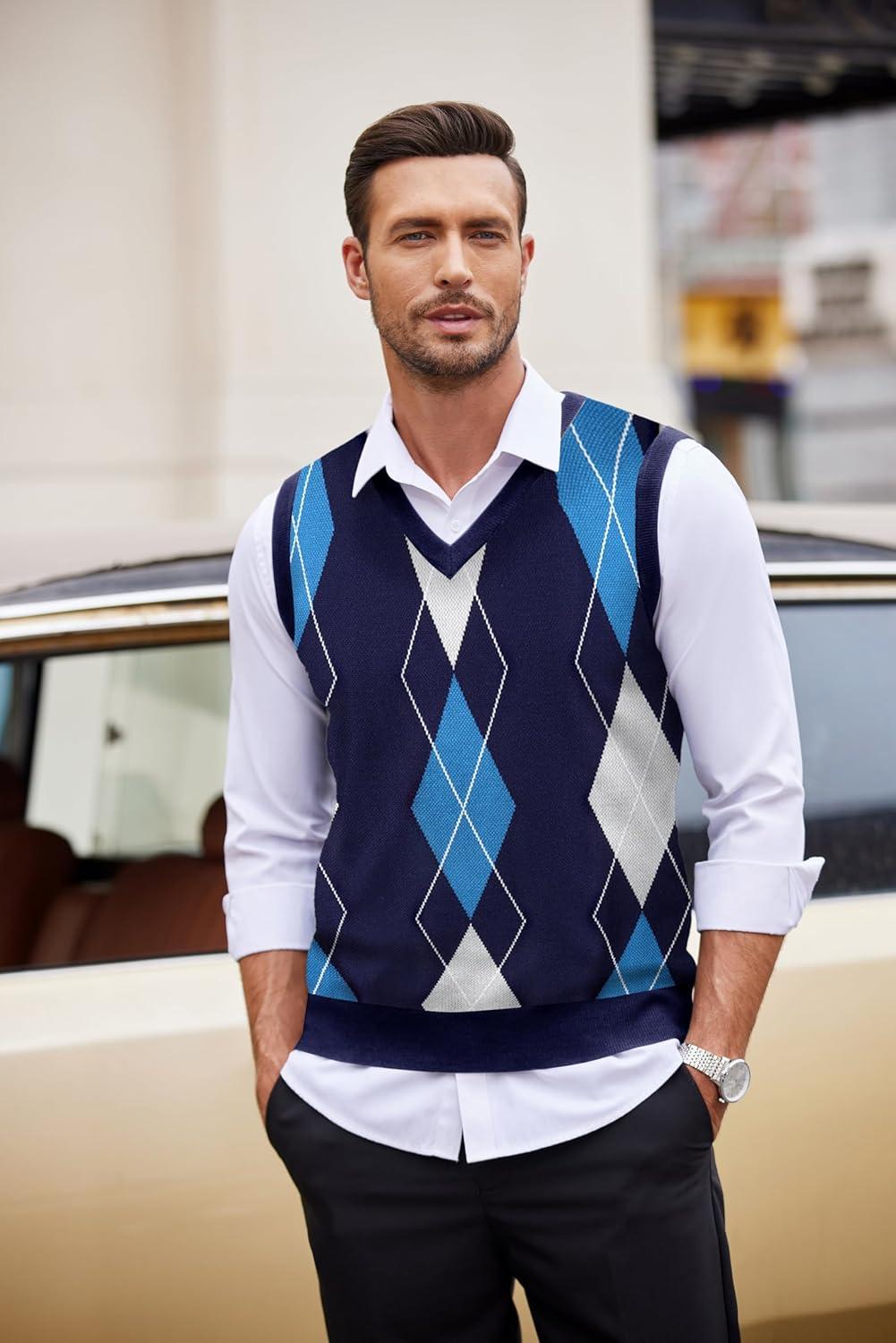imageCOOFANDY Mens Sleeveless V Neck Pullover Sweater Slim Fit Casual Argyle Sweater VestGw263 Blue and Gray Plaid