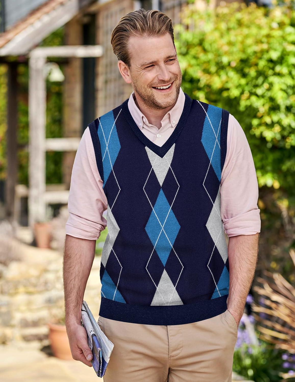 imageCOOFANDY Mens Sleeveless V Neck Pullover Sweater Slim Fit Casual Argyle Sweater VestGw263 Blue and Gray Plaid
